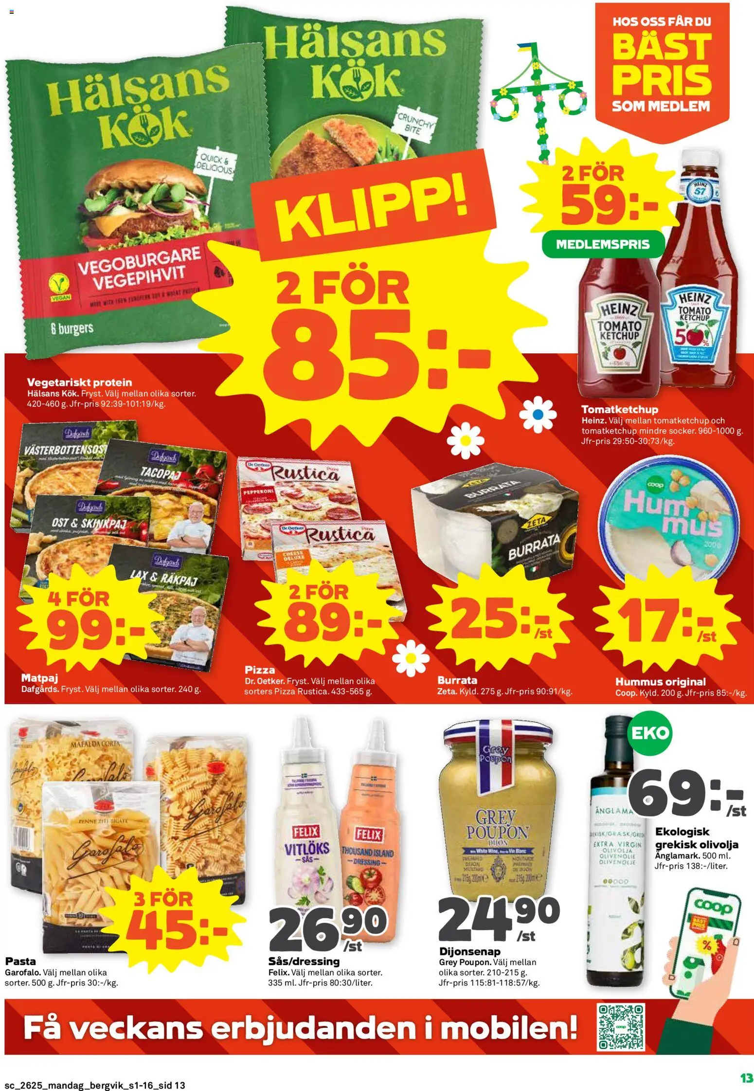 Stora Coop reklamblad aktuell från 15.06.2026 | Sida: 13 | Produkter: Vegoburgare, Burrata, Ost, Pizza