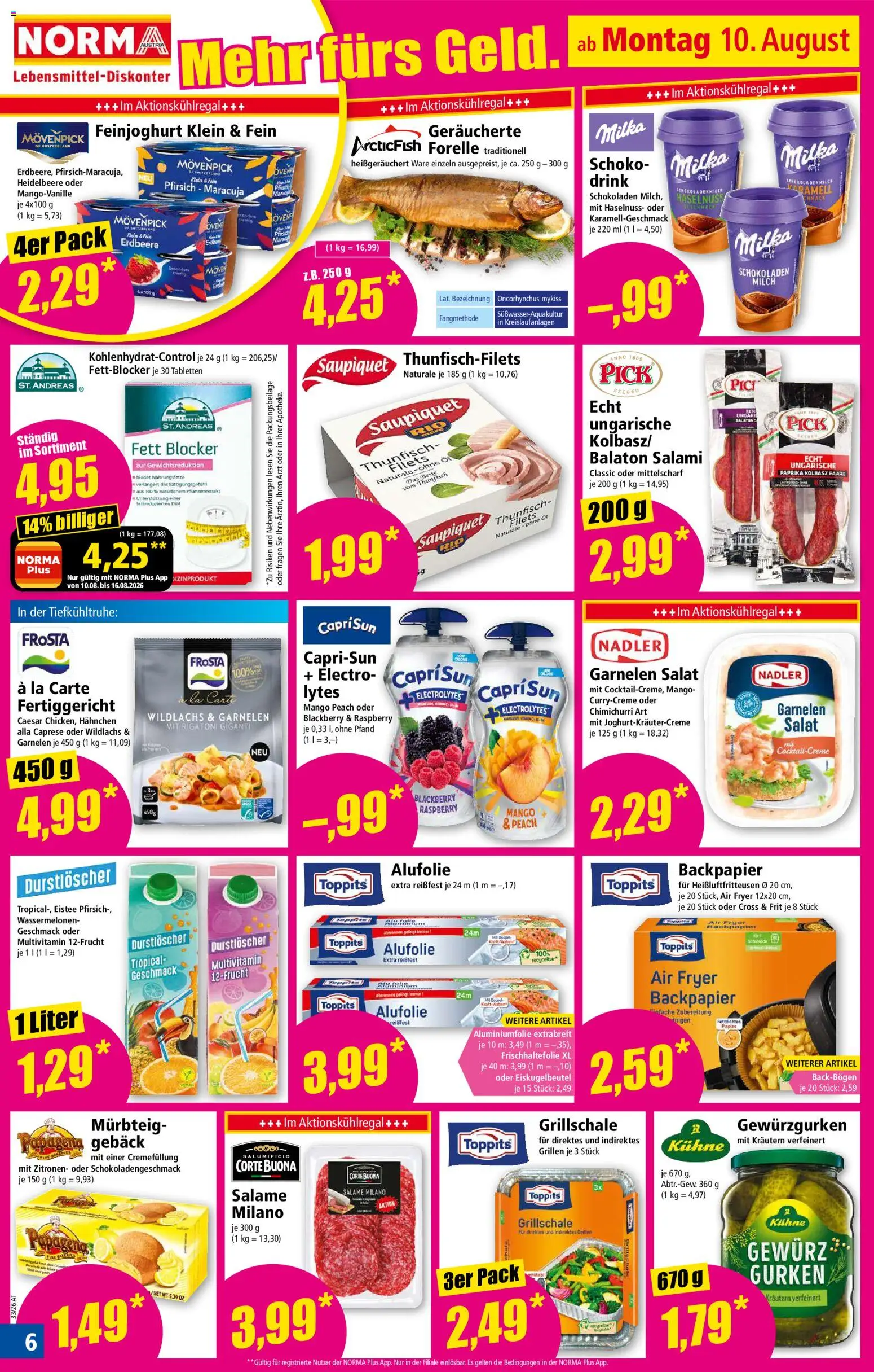 Norma Flugblatt gültig ab 10.08.2026 | Seite: 6 | Produkte: Gurken, Mango, Milch, Salami
