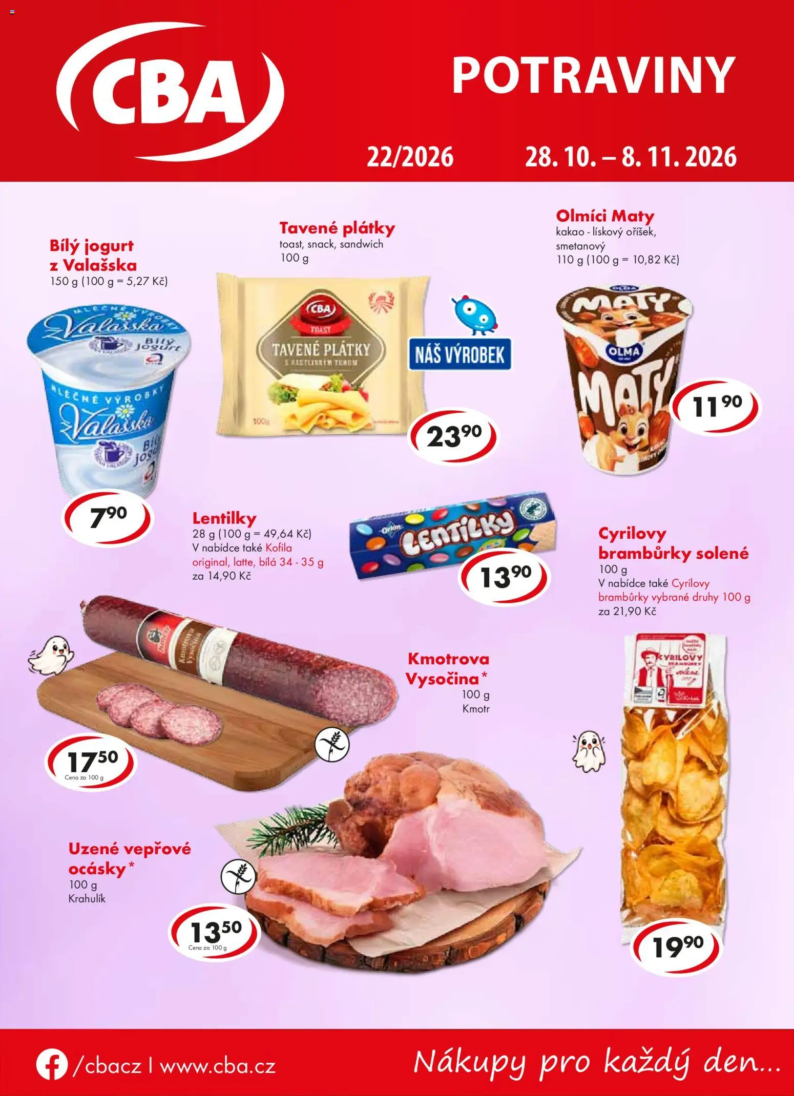CBA leták od 28.10.2026 | Strana: 1 | Produkty: Jogurt, Cyrilovy brambůrky, Potraviny, Lentilky