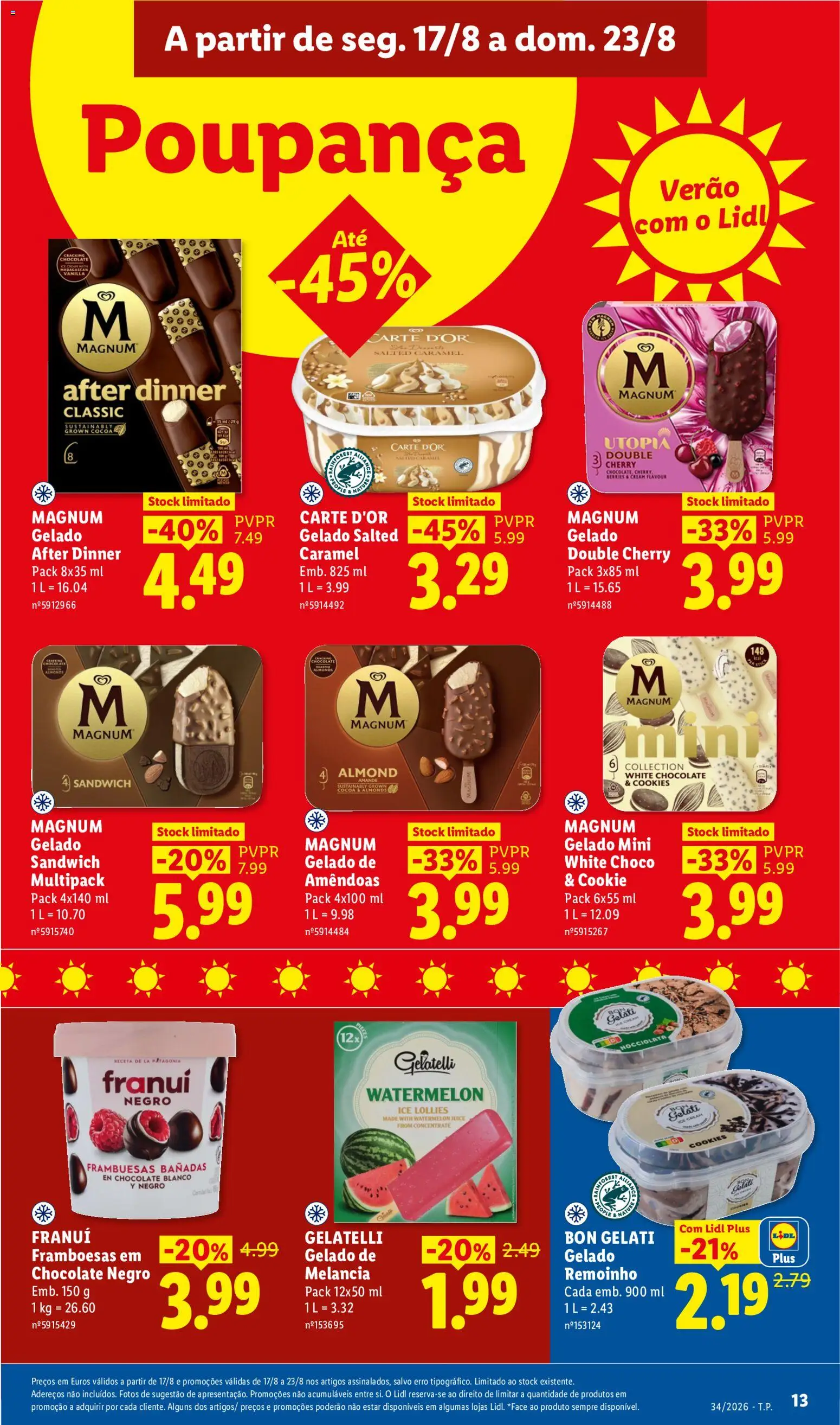 Lidl folheto │ válido de 17/08/2026 | Página: 13 | Produtos: Amêndoas, Gelado, Chocolate, Melancia