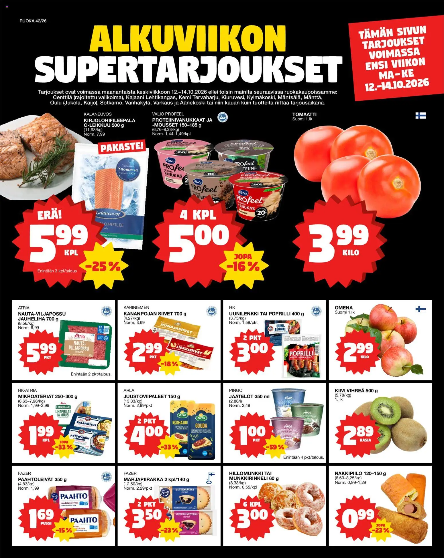 Tokmanni Ruokasanomat – voimassa 12/10/2026 alkaen | Sivu: 1 | Tuotteet: Uuni, Vadelma, Jauheliha, Mustikka
