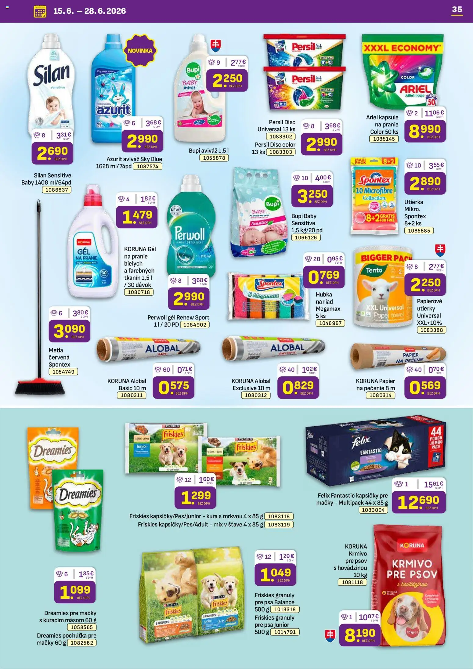 Nové Libex akcie – leták je platný od 15.06.2026 | Strana: 35 | Produkty: Friskies, Perwoll, Hubka, Ariel