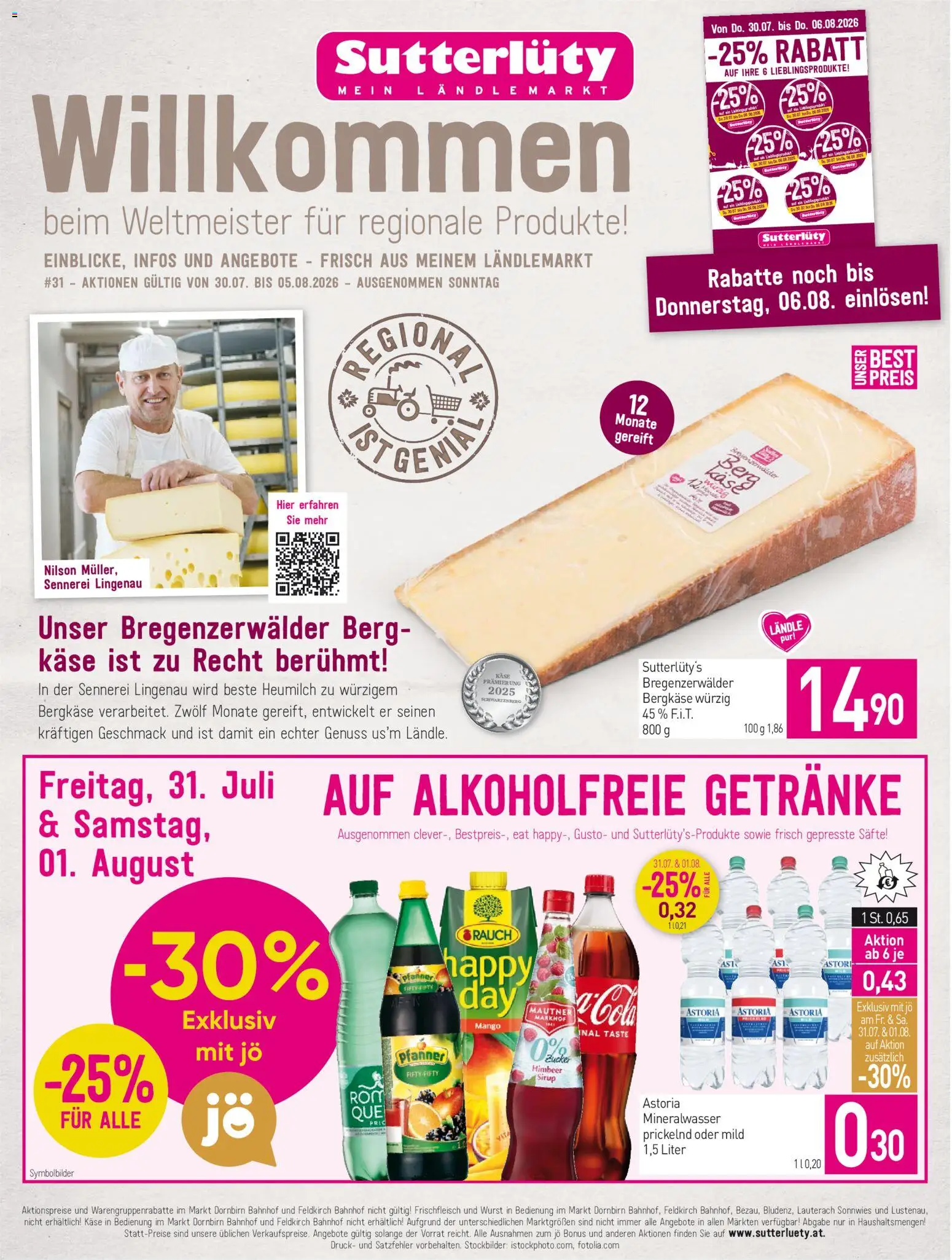 Sutterlüty Flugblatt gültig ab 30.07.2026 | Seite: 1 | Produkte: Getränke, Zucker, Wurst, Mineralwasser
