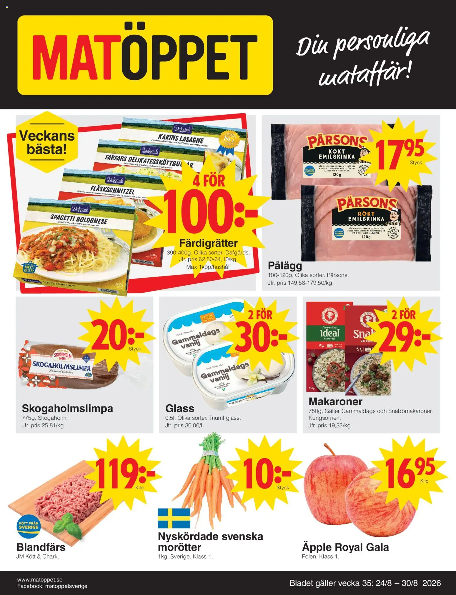 Matöppet reklamblad aktuell från 24/08/2026 | Sida: 1 | Produkter: Vanilj, Blandfärs, Skinka, Glass