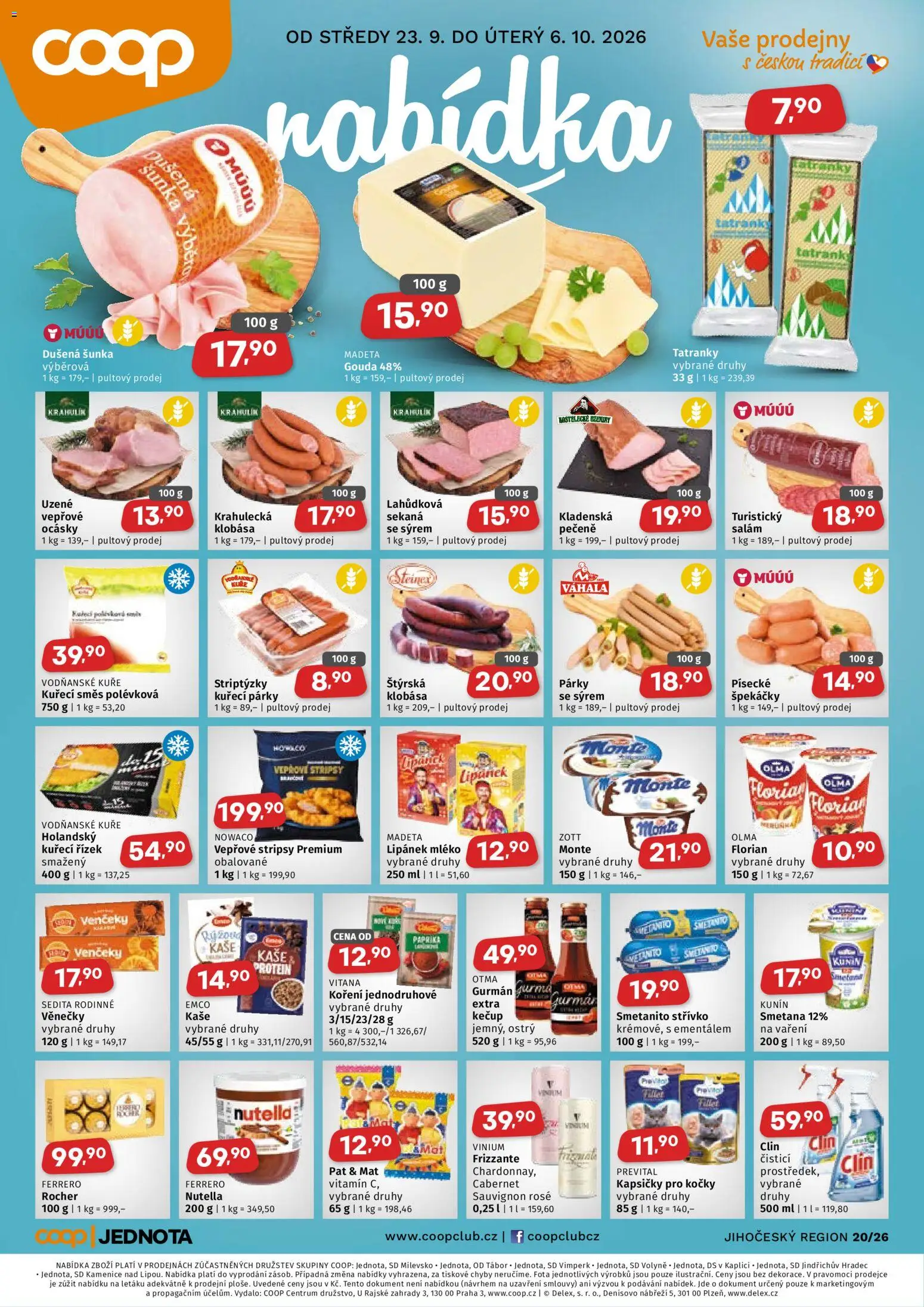 Coop leták - Jihočeský region od 23.09.2026 | Strana: 1 | Produkty: Tatranky, Lipánek, Uzeniny, Kuře