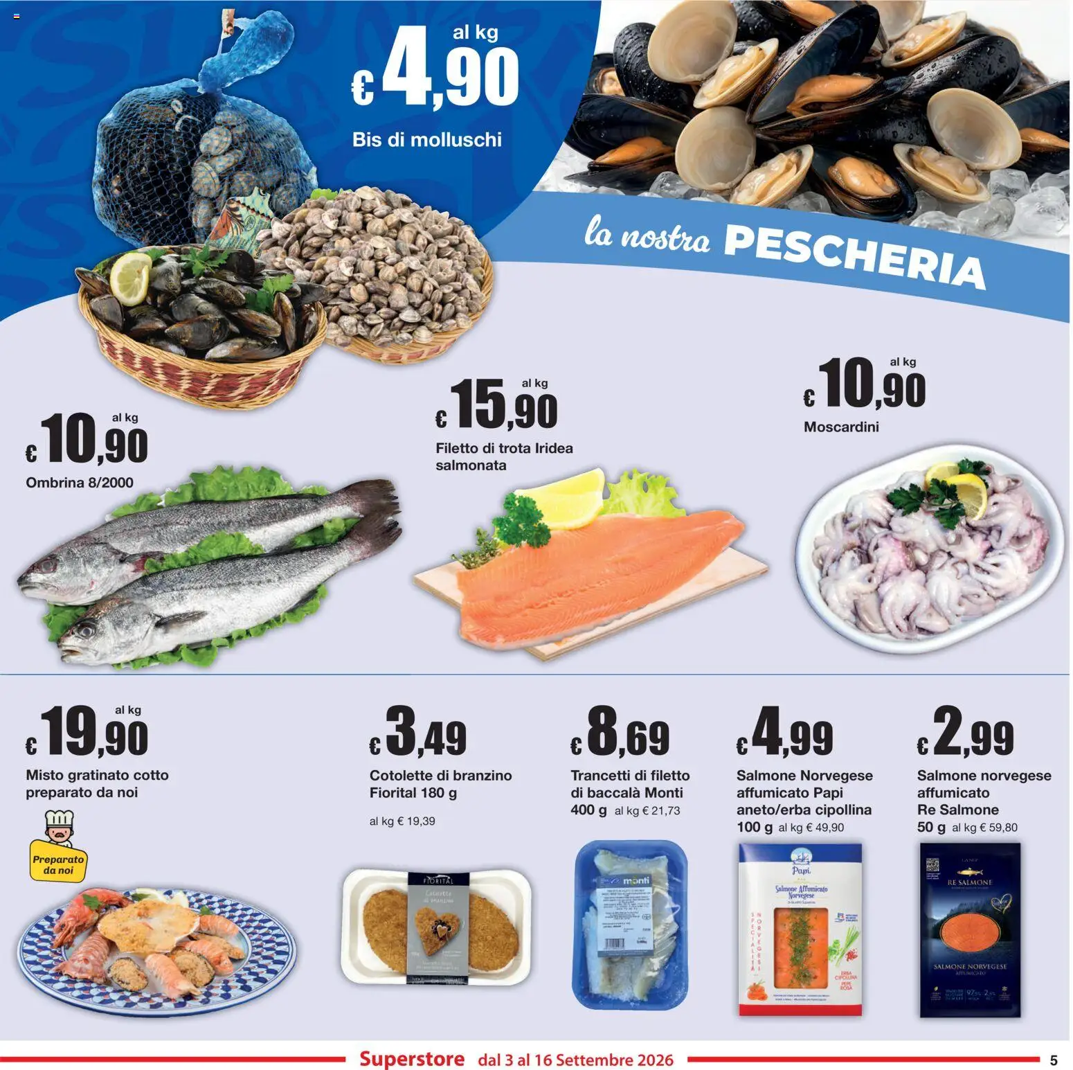 Volantino Sì con Te del 03/09/2026 | Pagina: 5 | Prodotti: Salmone affumicato, Salmone, Filetto, Branzino