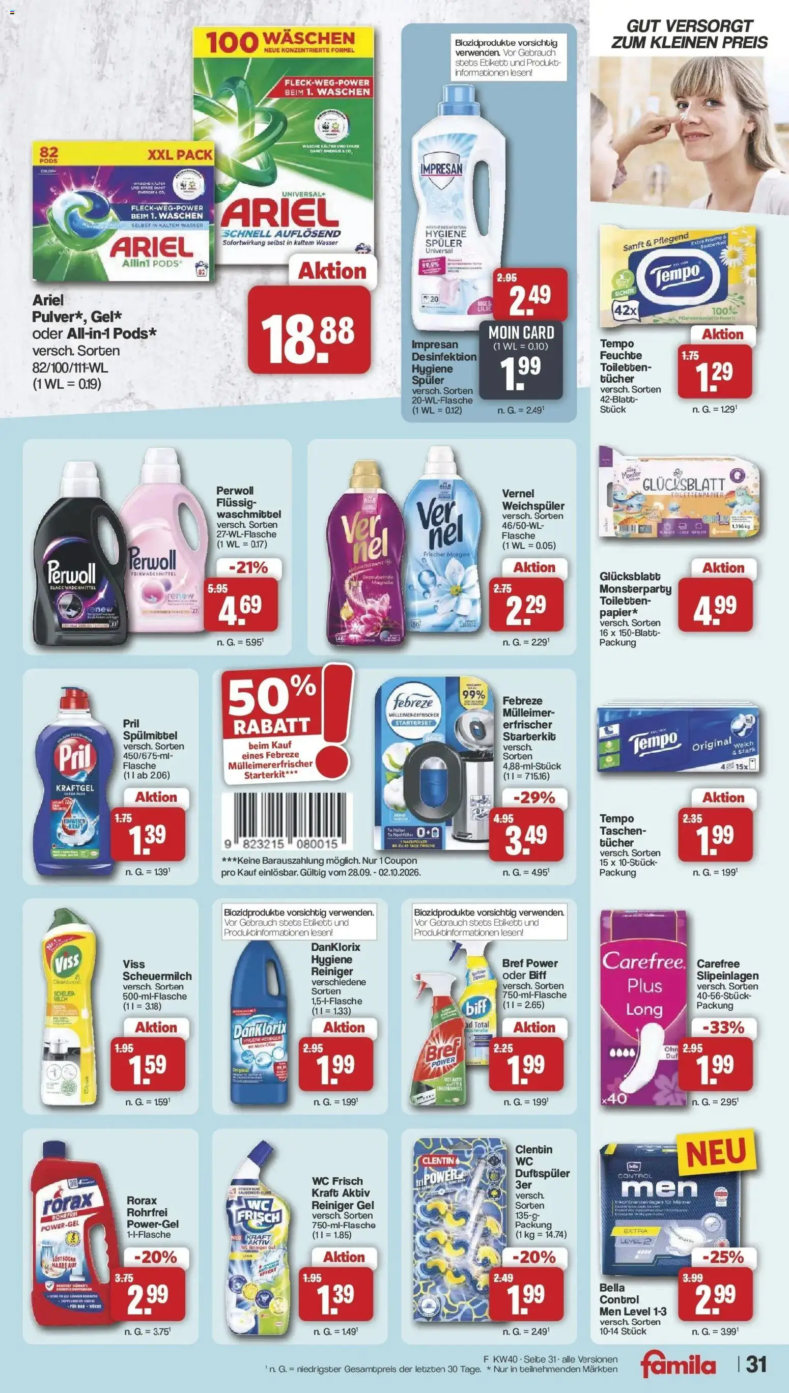 Famila Nordwest - Famila: Wochenangebote (ab 28.09.2026) zum Blättern | Seite: 31 | Produkte: Taschen, Perwoll, Tempo, Vernel