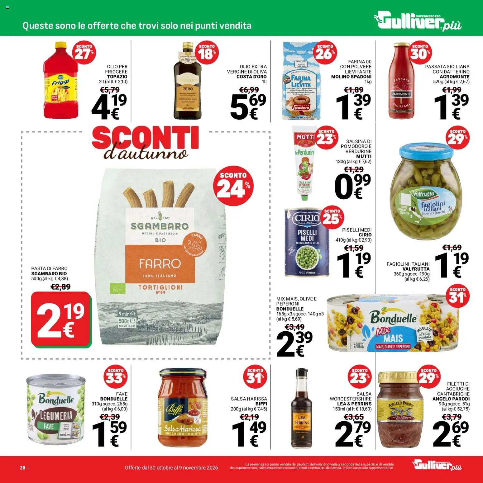 Volantino Gulliver del 30/10/2026 | Pagina: 28 | Prodotti: Peperoni, Olio, Farina, Carne