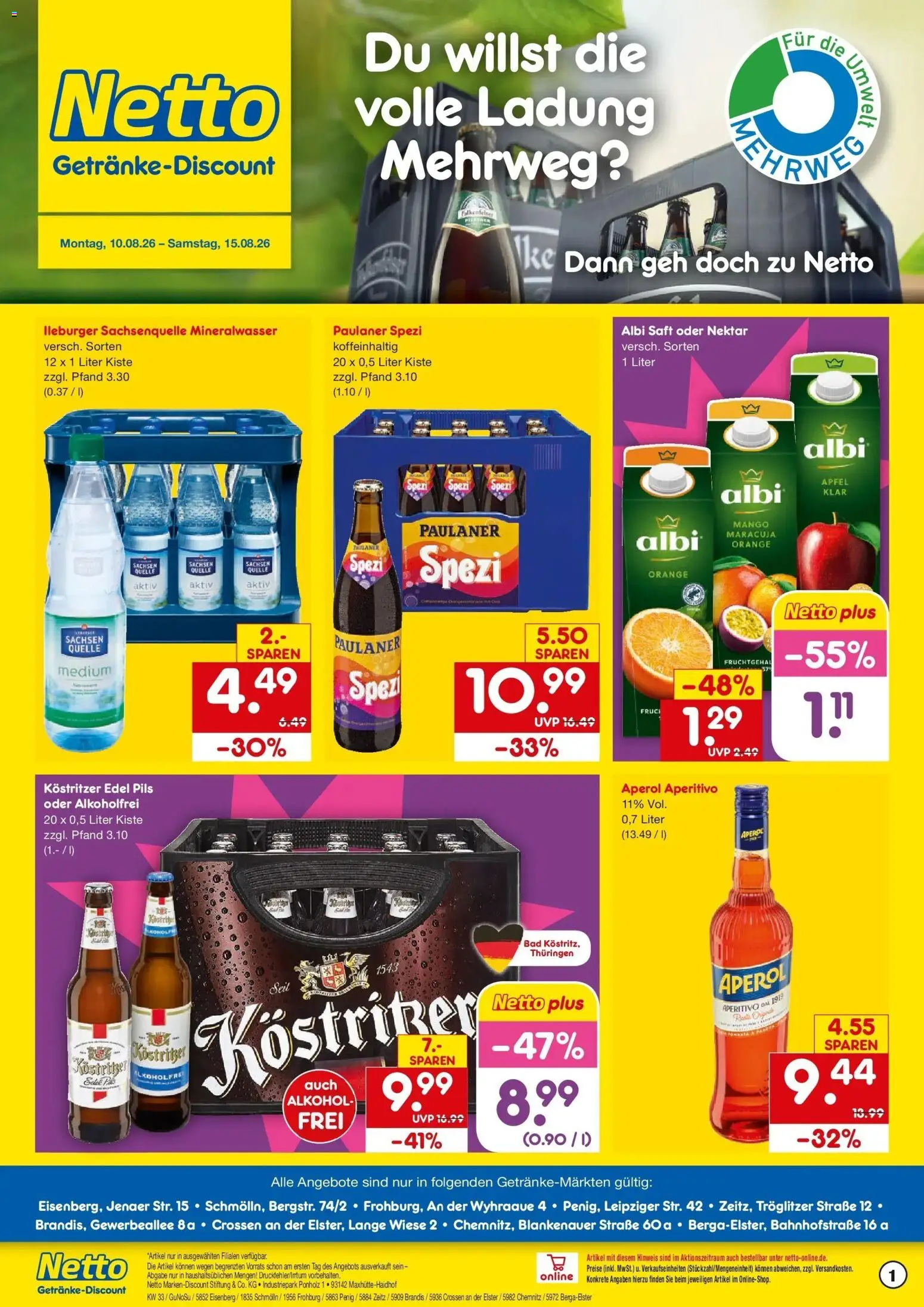 Netto Marken-Discount Prospekt Penig – gültig ab 10.08.2026 | Seite: 1 | Produkte: Paulaner spezi, Bad, Mineralwasser, Alkohol