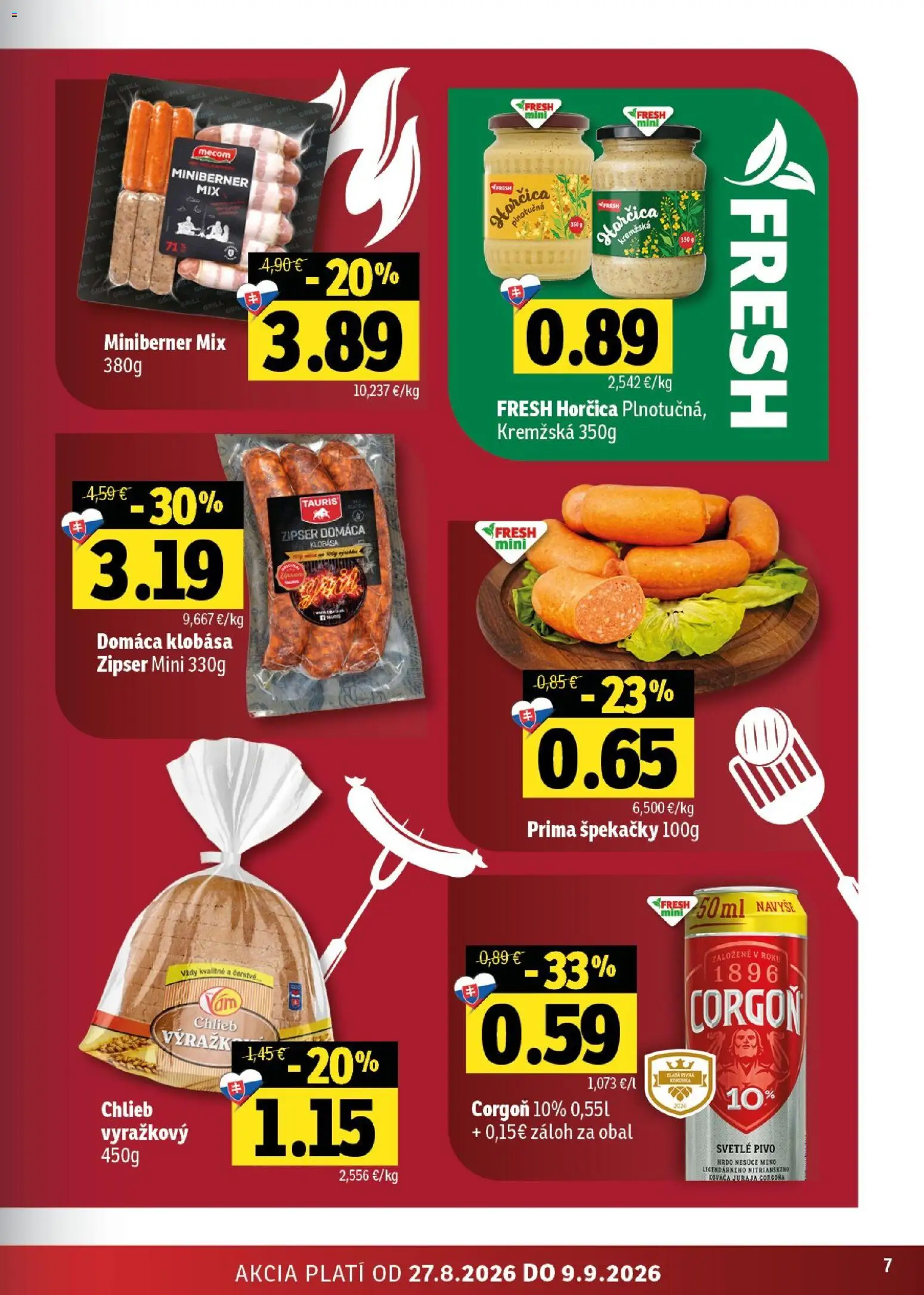 Nové Fresh akcie – leták je platný od 27.08.2026 | Strana: 7 | Produkty: Pivo, Chlieb, Klobása, Horčica