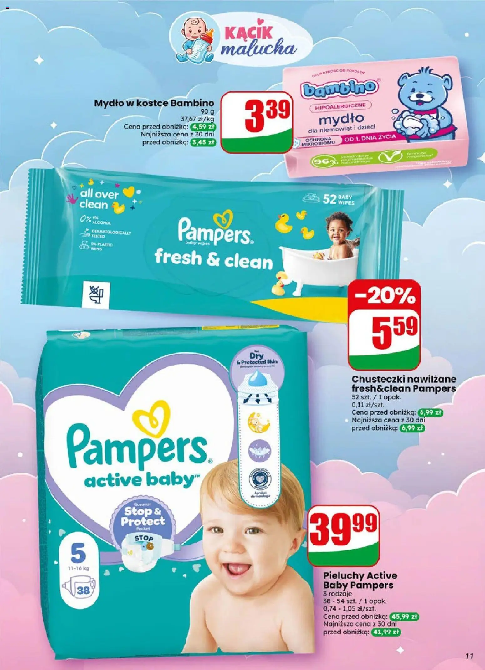 Dino gazetka od 19.08.2026 | Strona: 11 | Produkty: Chusteczki nawilżane, Pampers, Mydło, Pieluchy