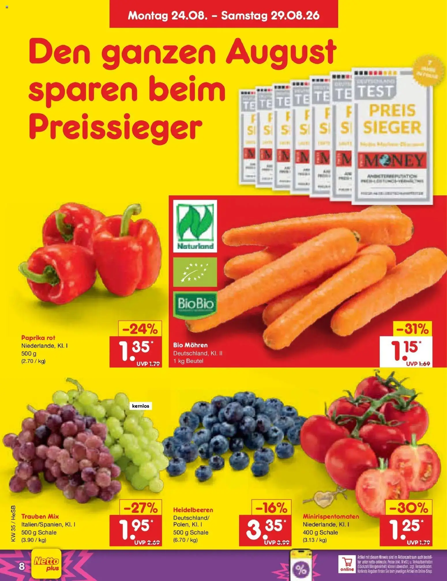Netto Marken-Discount Prospekt Hamburg (ab 24.08.2026) » Angebote | Seite: 10 | Produkte: Paprika rot, Mohren, Heidelbeeren, Paprika