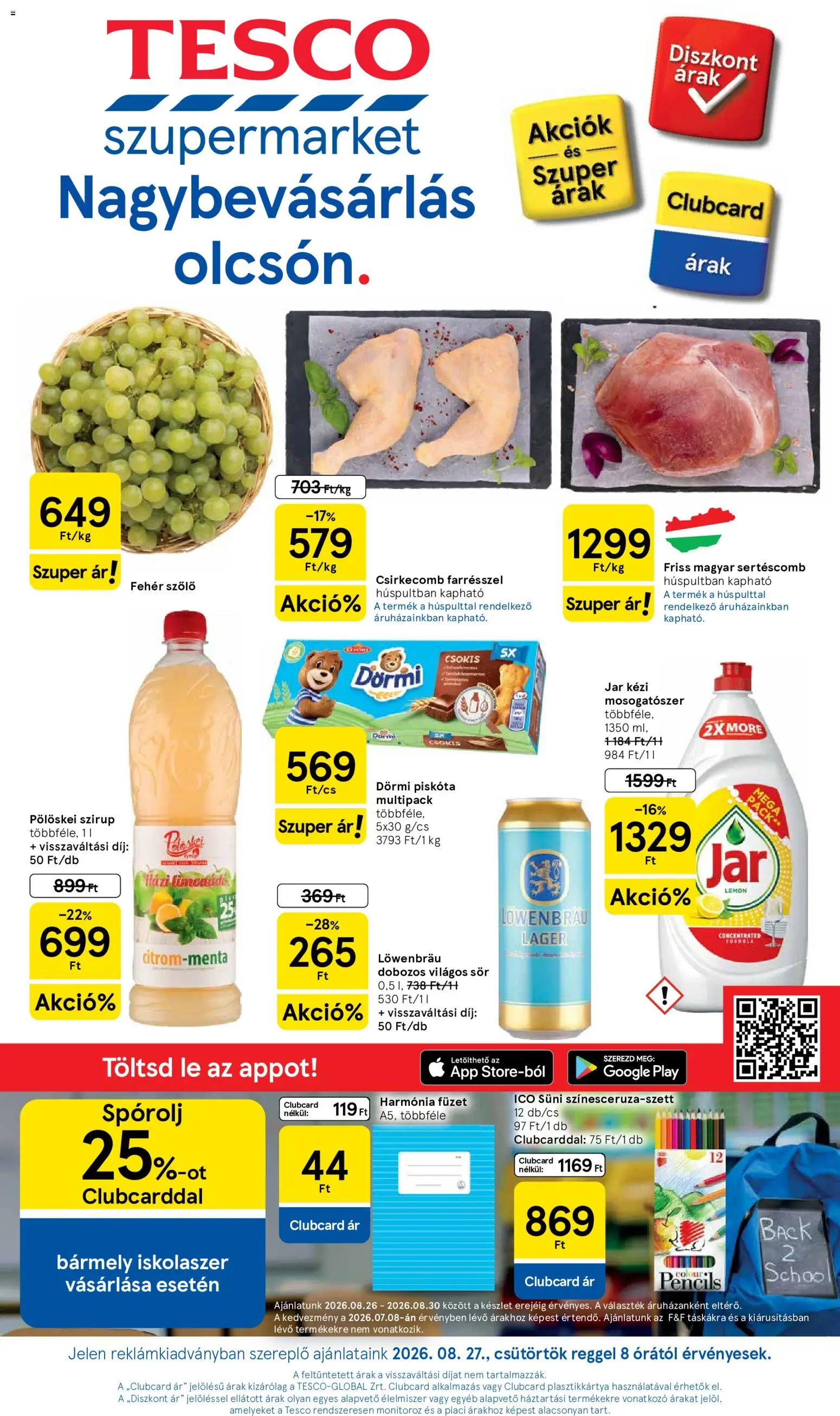 Tesco akciós ujság - amely érvényes a következő dátumtól: 2026.08.27. | Oldal: 1 | Termékek: Löwenbräu, Hús, Fehér szőlő, Világos sör