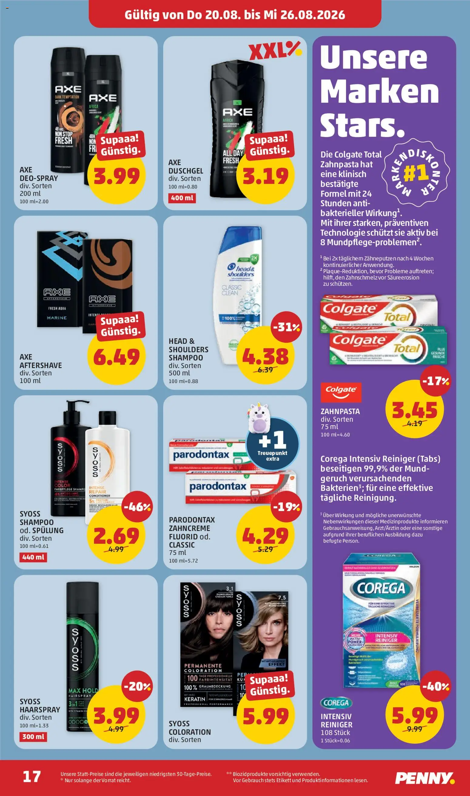 Penny Markt Flugblatt gültig ab 20.08.2026 | Seite: 17 | Produkte: Spülung, Haarspray, Duschgel, Zahnpasta
