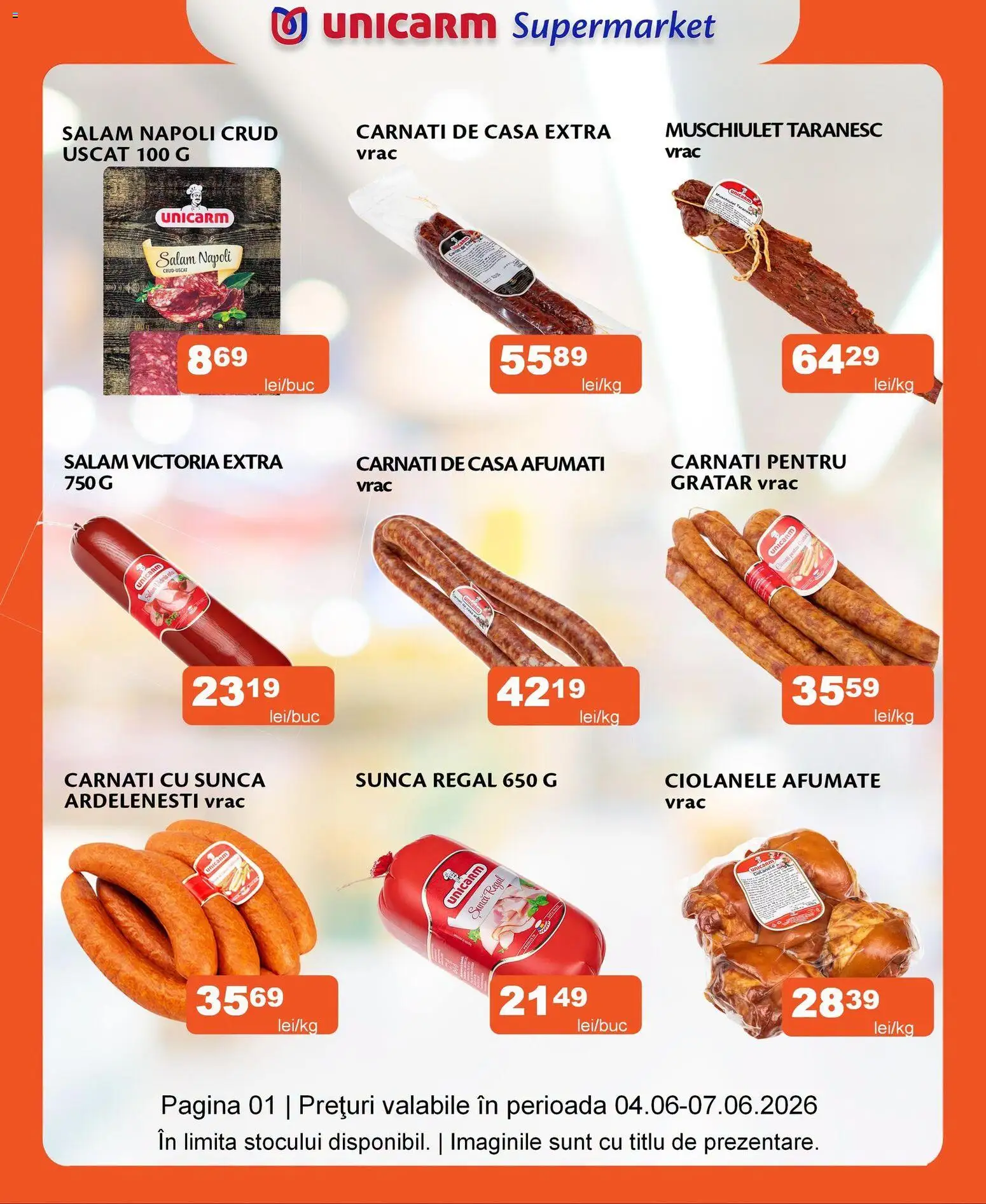 Noul catalog Unicarm – valabil de la 04.06.2026 | Pagină: 1 | Produse: Grătar, Salam, Șuncă, Cârnați