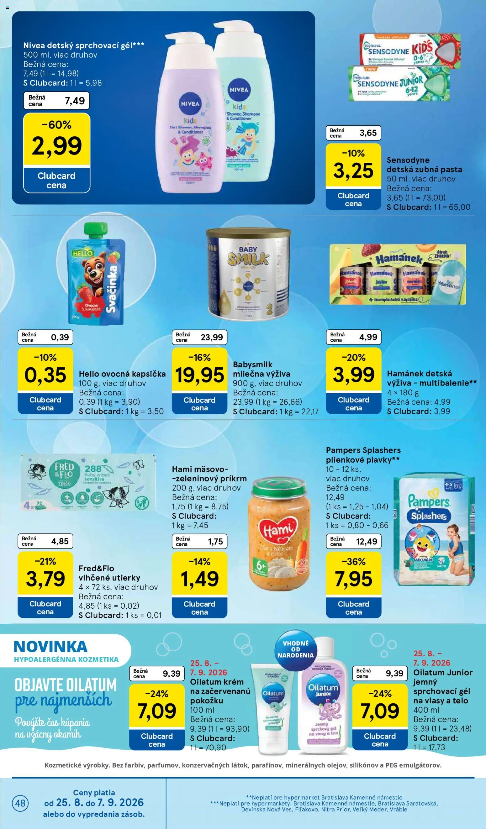Nové Tesco akcie – leták je platný od 26.08.2026 | Strana: 48 | Produkty: Sprchový gél, Zeleninový príkrm, Utierky, Pampers