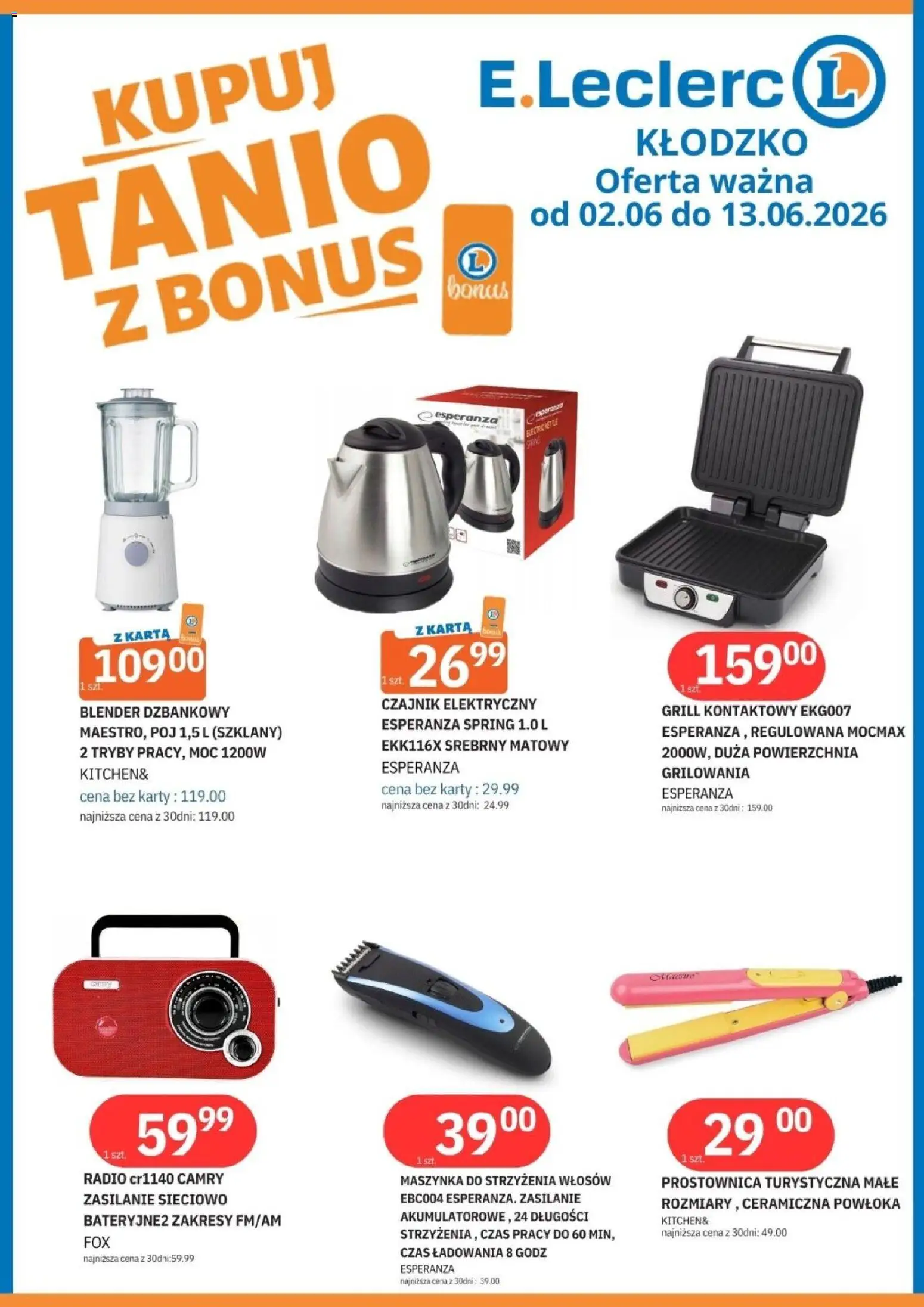 E.Leclerc gazetka - Kłodzko od 02.06.2026 | Strona: 13 | Produkty: Karta, Radio, Grill, Prostownica