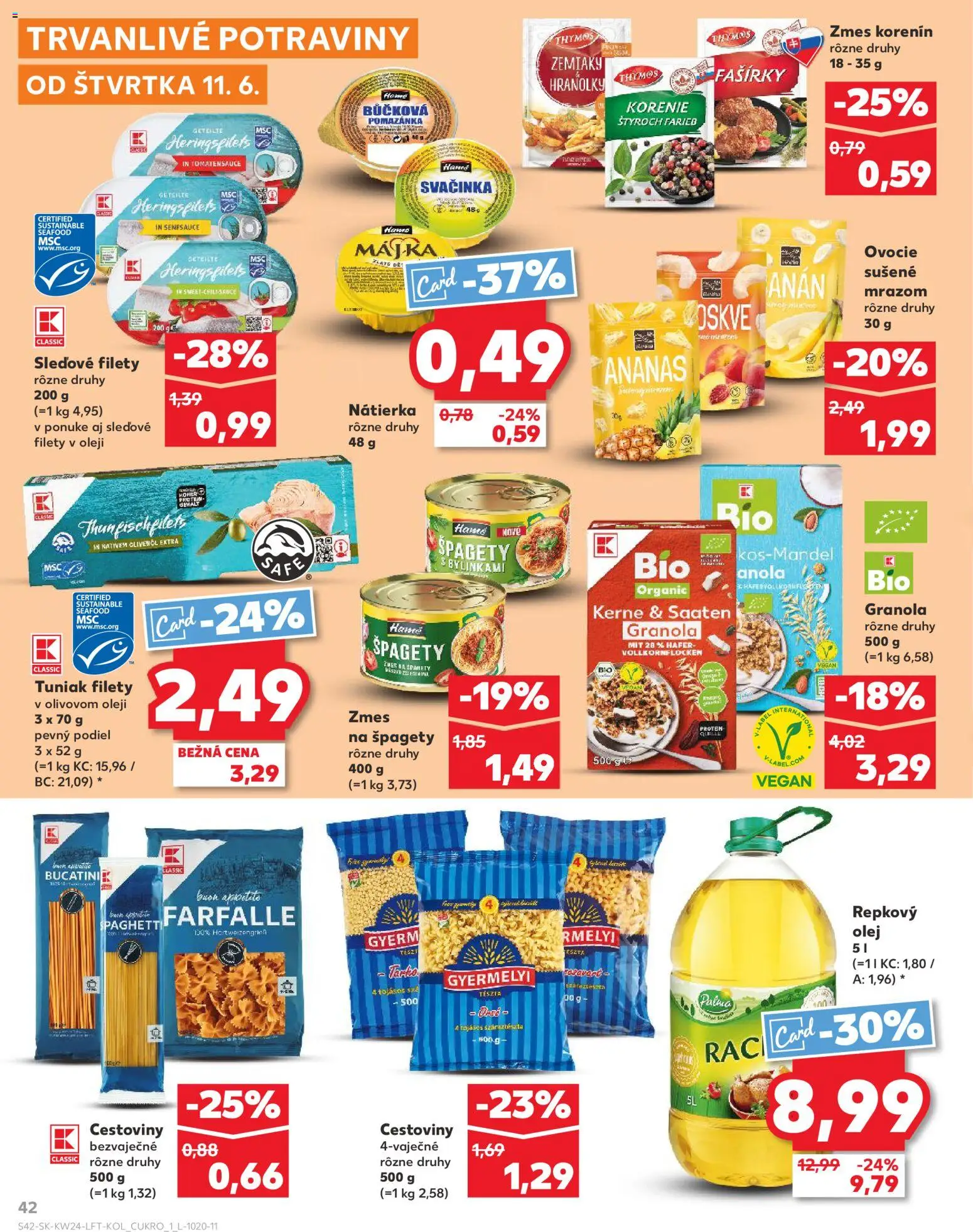 Nové Kaufland akcie – leták je platný od 11.06.2026 | Strana: 42 | Produkty: Tuniak, Korenie, Zemiaky, Ovocie