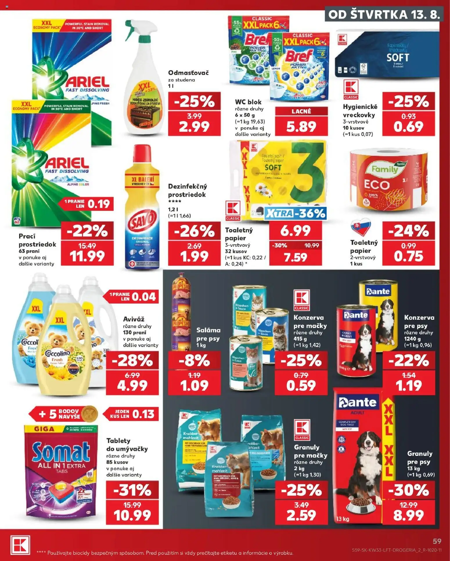 Nové Kaufland akcie – leták je platný od 13.08.2026 | Strana: 59 | Produkty: Saláma, Savo, Vreckovky, Ariel