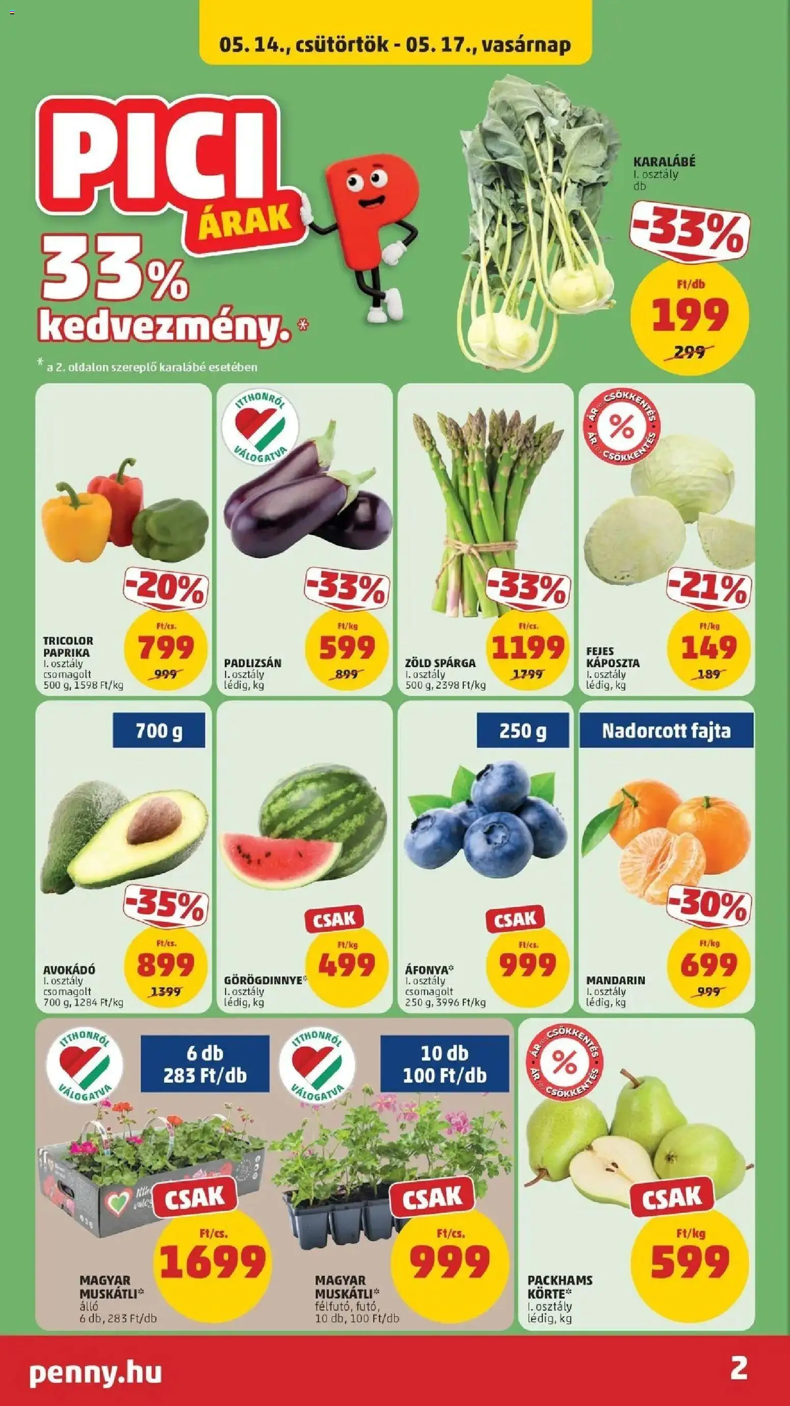 PENNY akciós ujság - amely érvényes a következő dátumtól: 14.05.2026 | Oldal: 2 | Termékek: Padlizsán, Káposzta, Görögdinnye, Mandarin