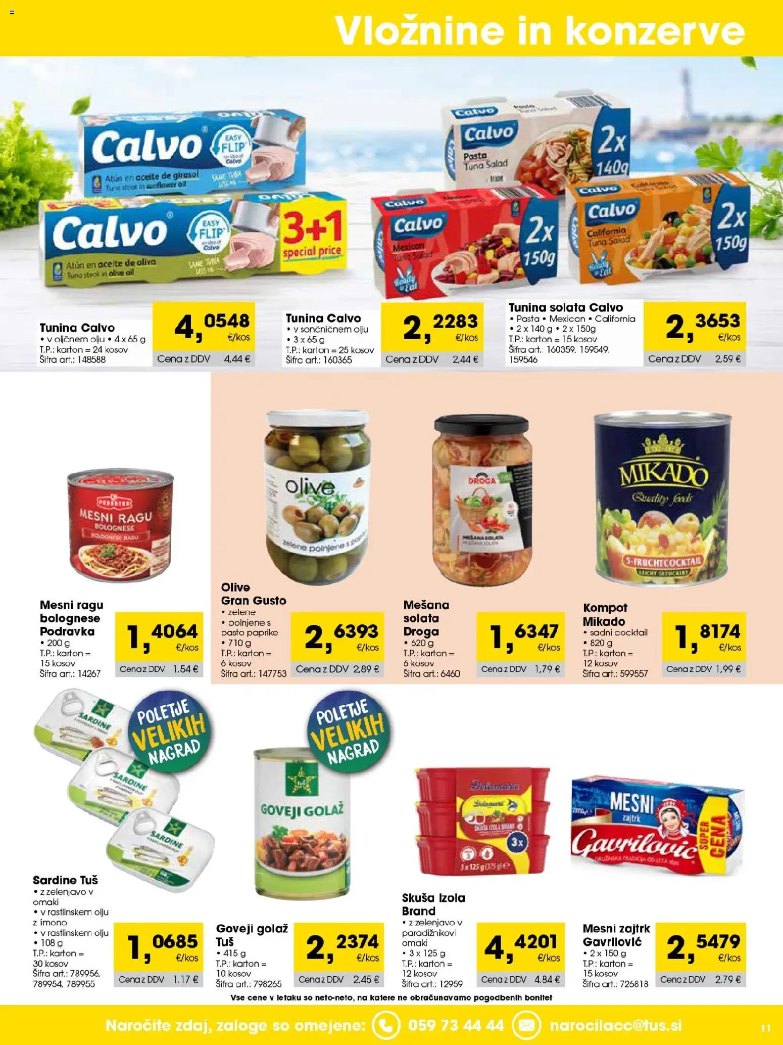Novi Tuš katalog ponudbe – veljaven od 01.07.2026 | Stran: 11 | Izdelki: Tuna, Olive, Sardine, Solata