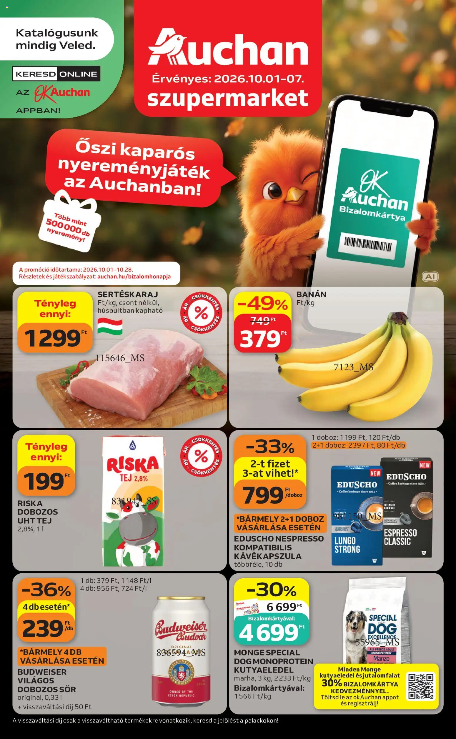 Auchan akciós ujság - amely érvényes a következő dátumtól: 2026.10.01. | Oldal: 1 | Termékek: Sertéskaraj, Budweiser, Doboz, Dobozos sör