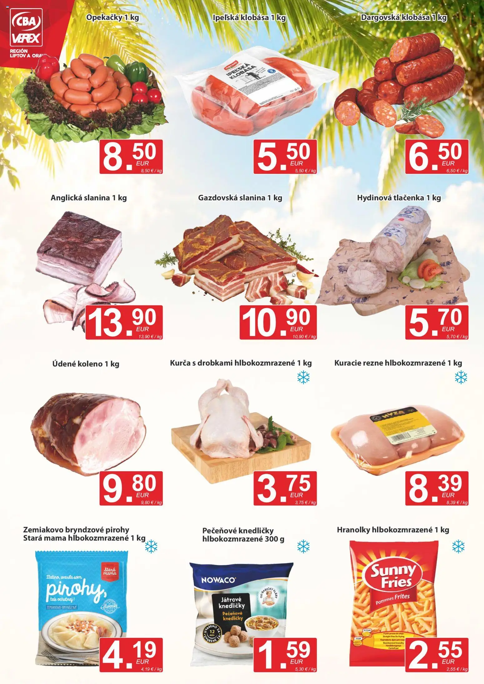 Nové CBA Verex akcie – leták je platný od 16.07.2026 | Strana: 4 | Produkty: Pirohy, Klobása, Kurča, Údené koleno