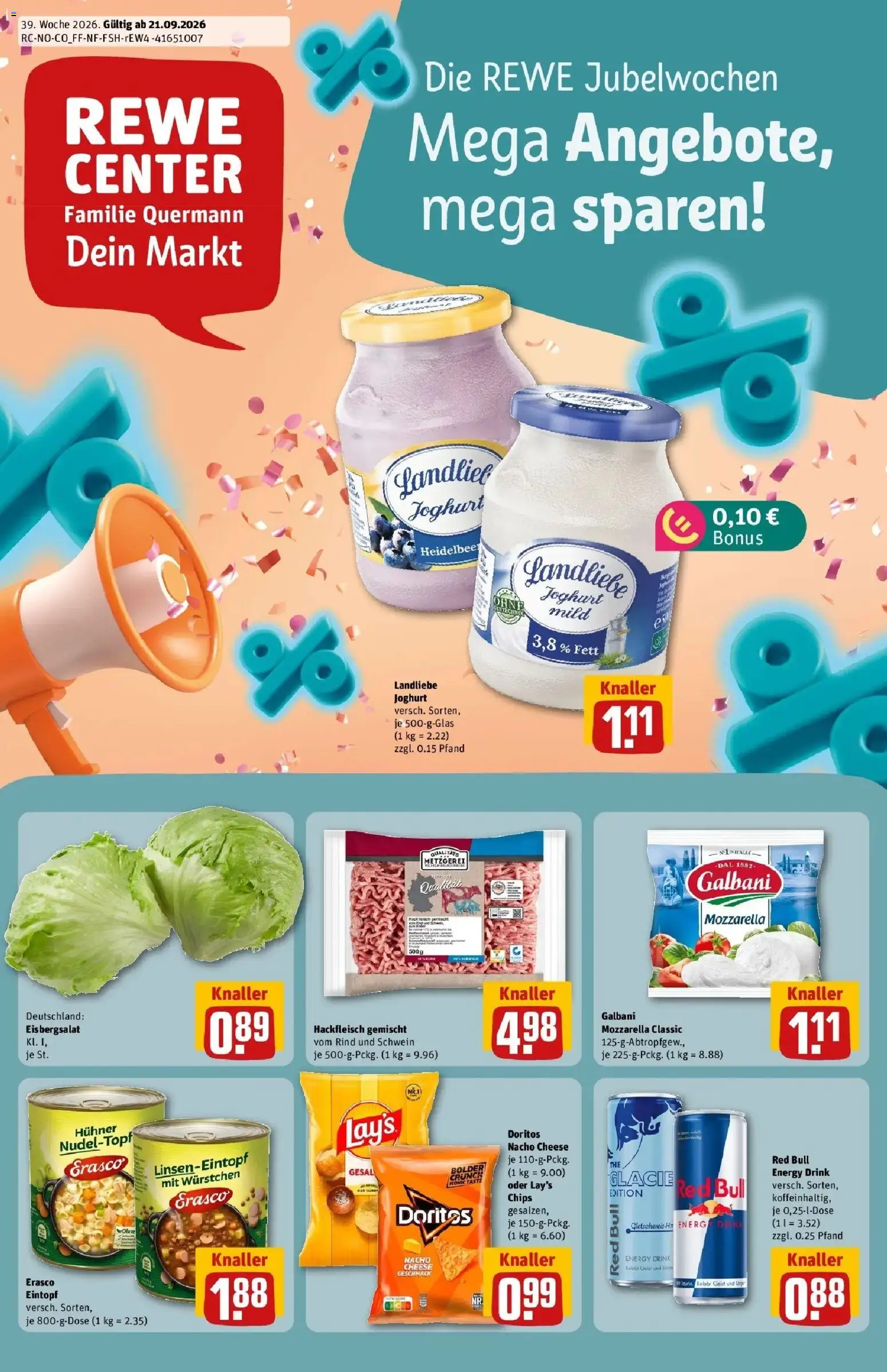 REWE Prospekt ab 21.09.2026 zum Blättern » Angebote | Seite: 1 | Produkte: Mozzarella, Eisbergsalat, Landliebe joghurt, Erasco