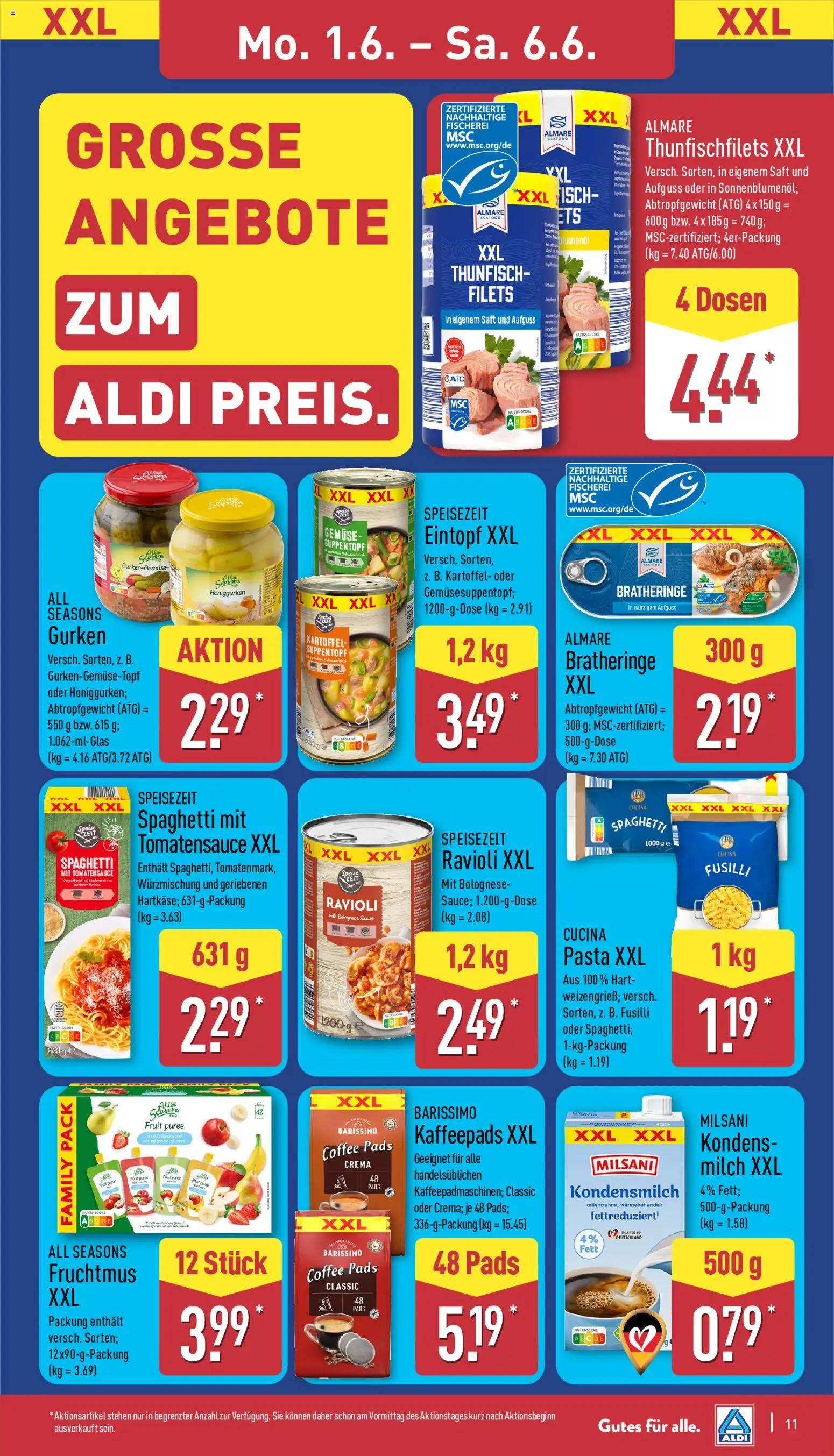 Aldi Prospekt – gültig ab 01.06.2026 | Seite: 11 | Produkte: Kaffeepads, Milch, Thunfisch, Saft
