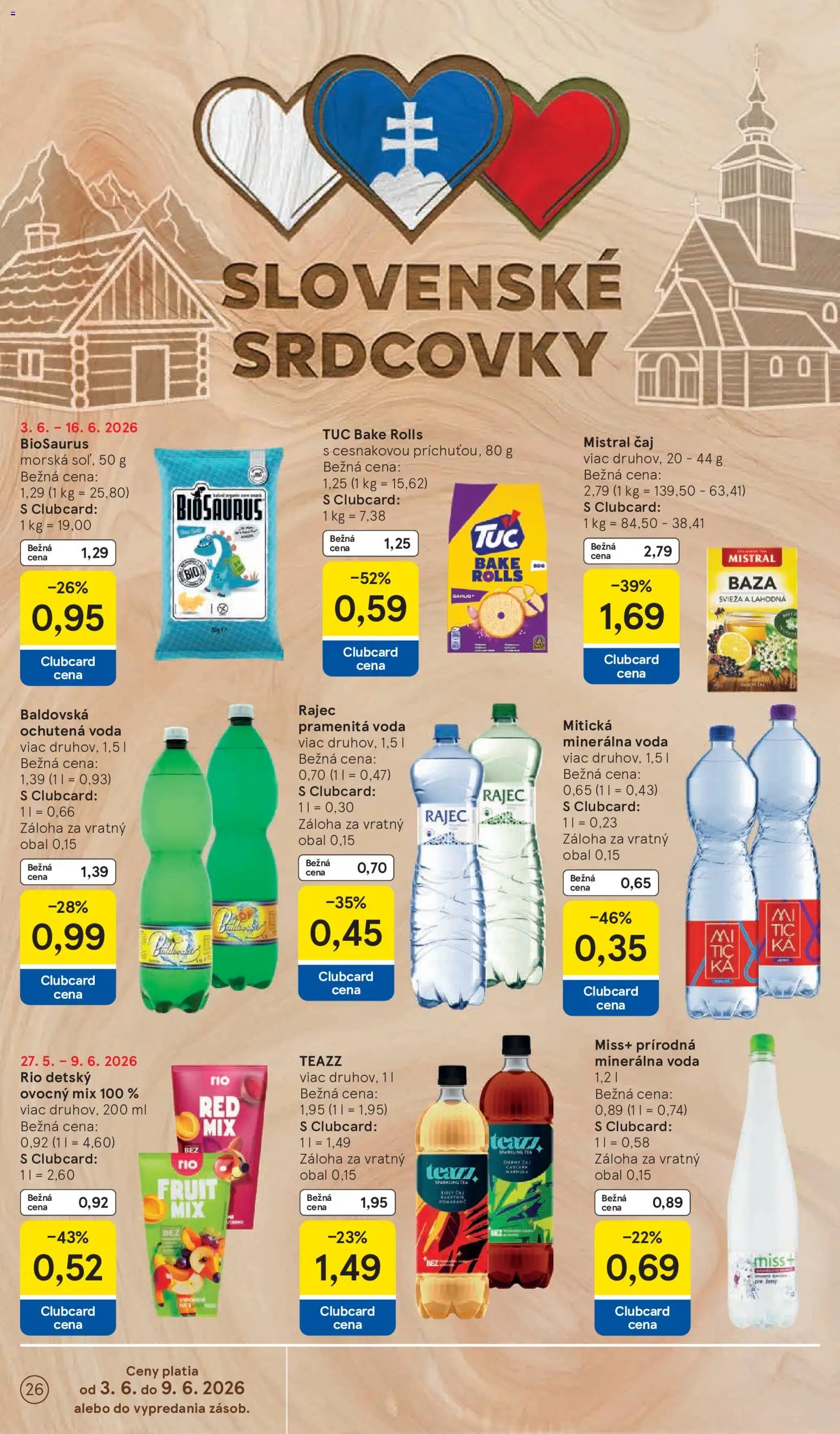 Nové Tesco akcie – leták je platný od 03.06.2026 | Strana: 26 | Produkty: Čaj, Ochutená voda, Mitická, Baldovská