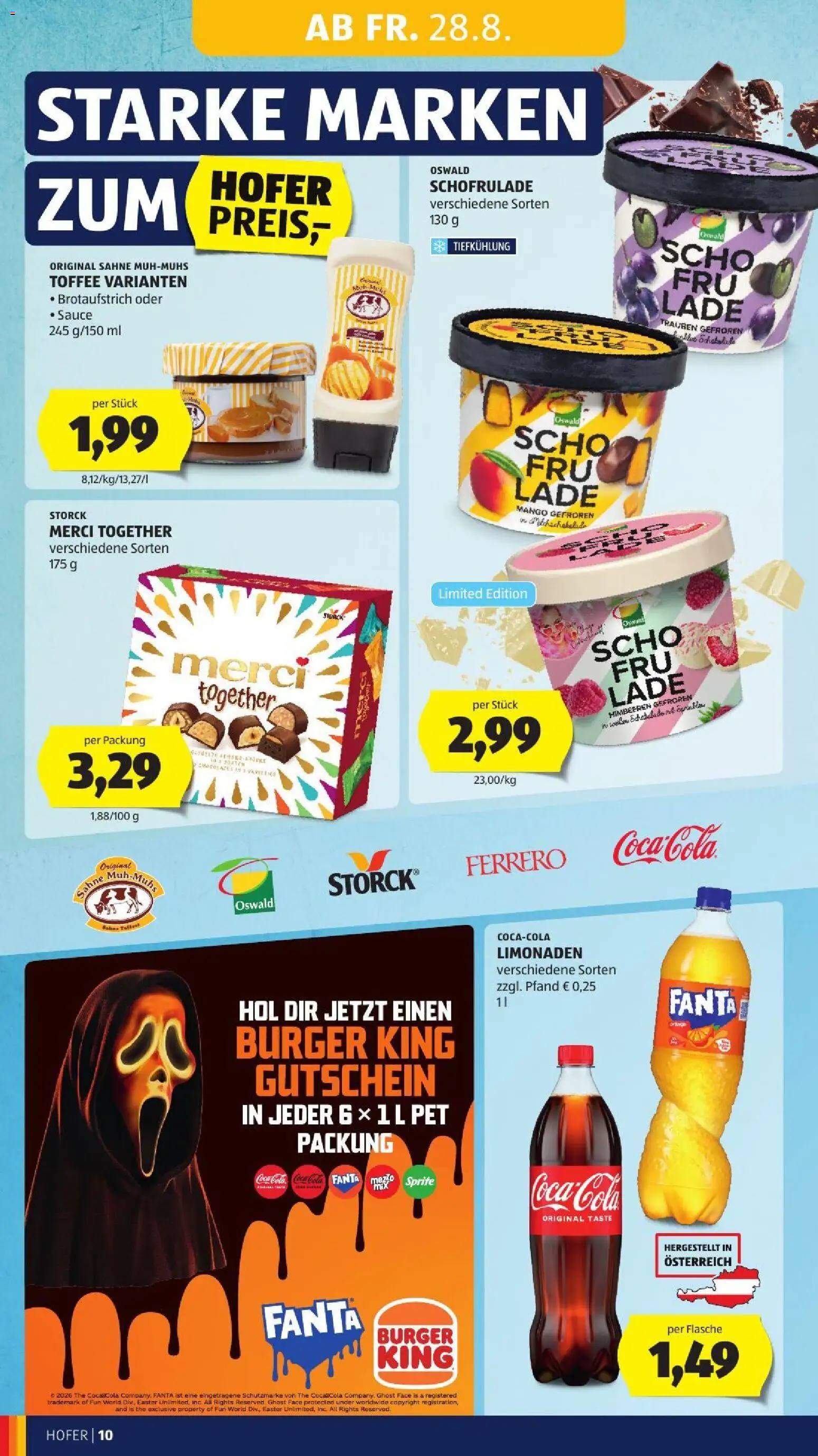 Hofer AT akciós ujság - amely érvényes a következő dátumtól: 2026.08.28. | Oldal: 20 | Termékek: Merci, Fanta, Coca Cola, Mangó