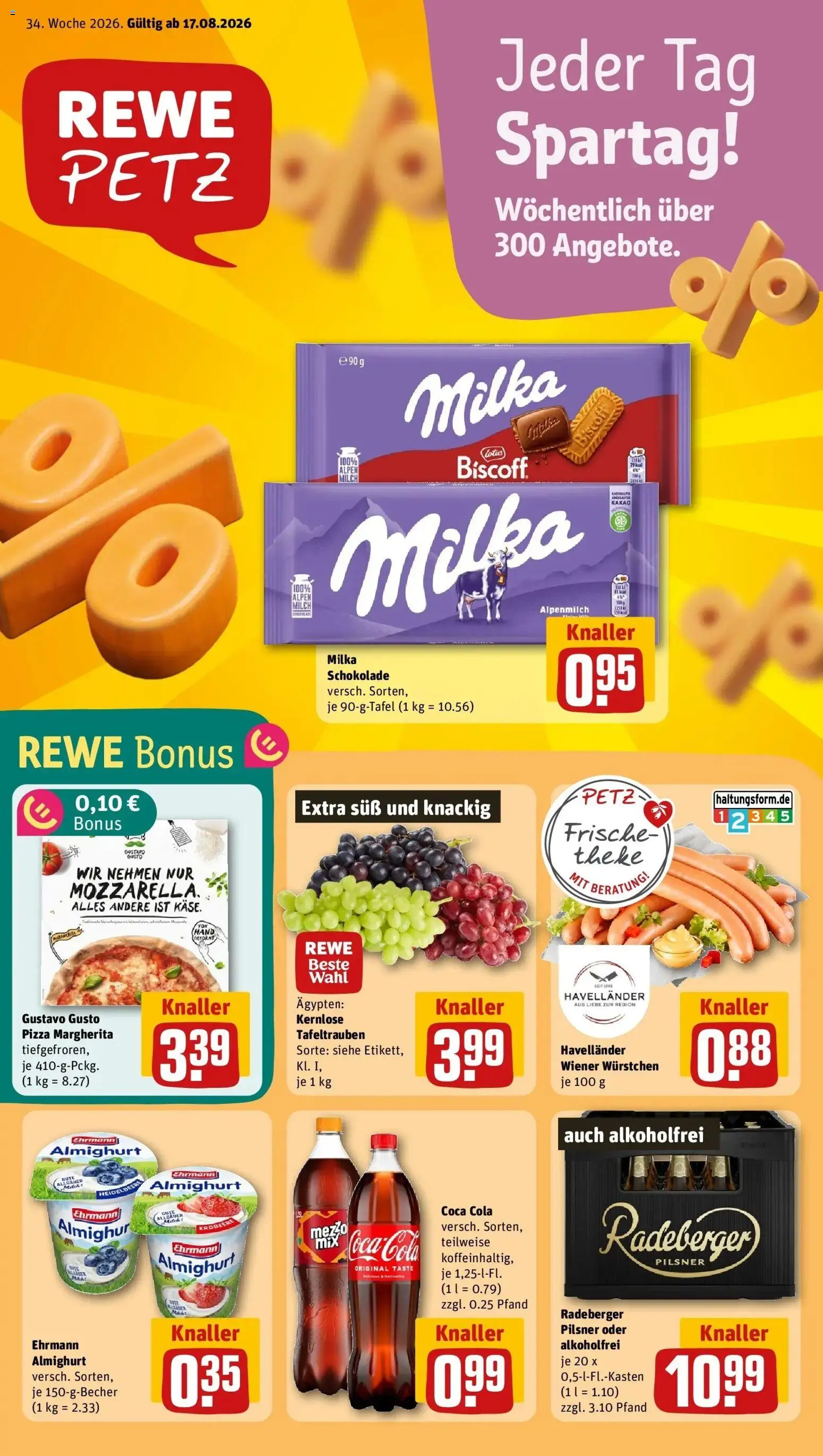 REWE Prospekt ab 17.08.2026 zum Blättern » Angebote | Seite: 1 | Produkte: Gustavo gusto, Cola, Milch, Schokolade