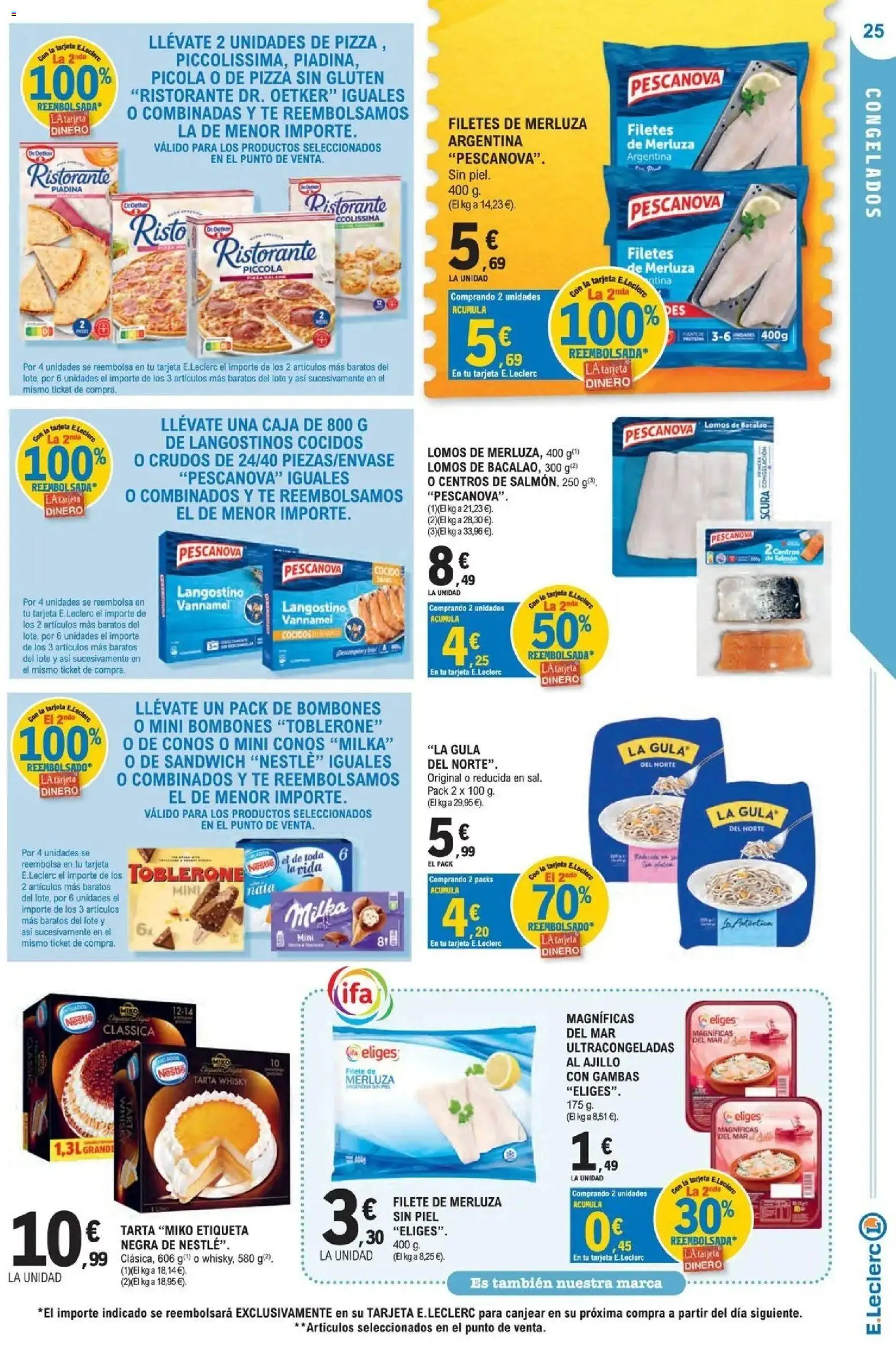 E.Leclerc Megames 1 │ válido desde el 23/09/2026 | Página: 25 | Productos: Nata, Filetes de merluza, Pizza sin gluten, Caja