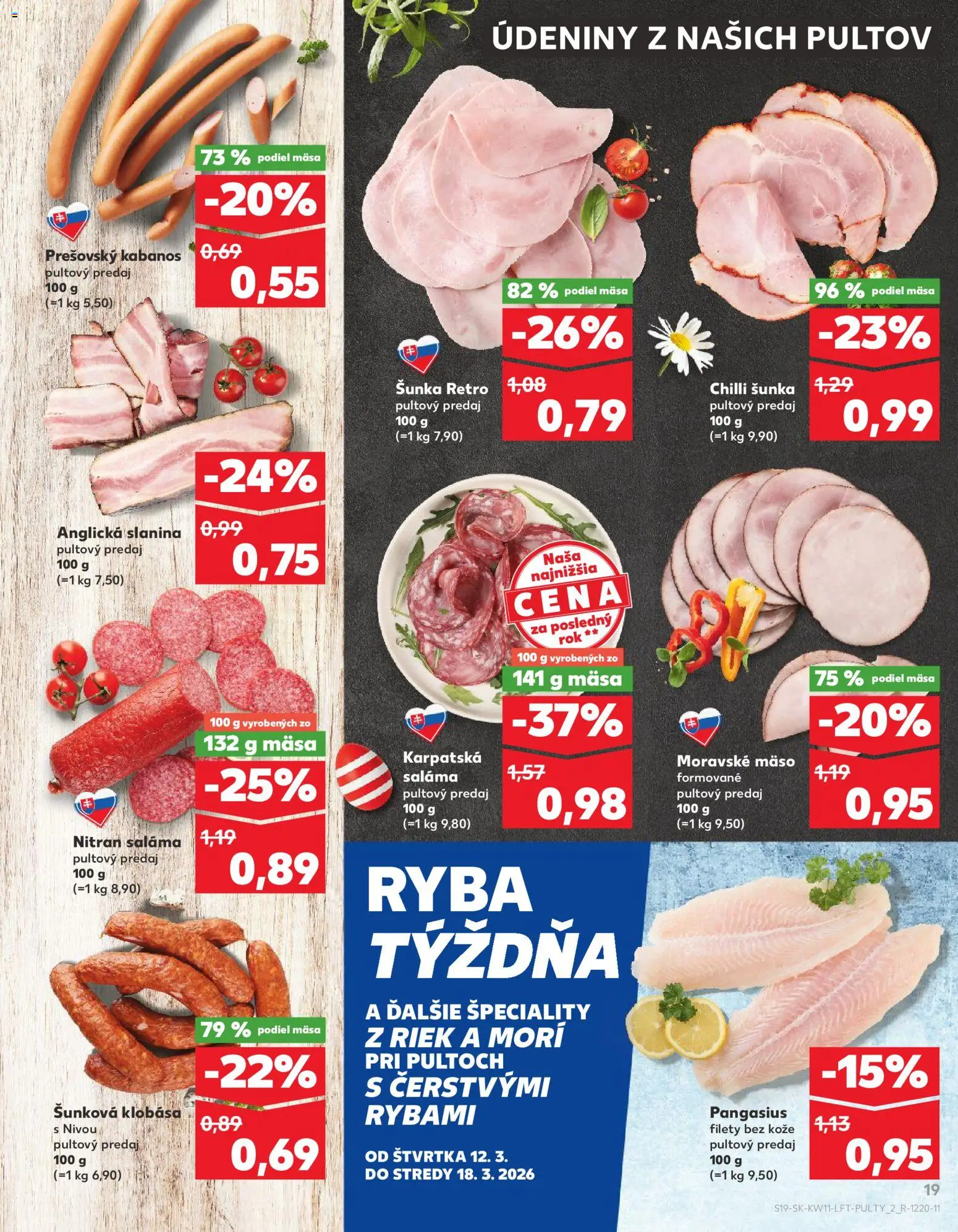 Nové Kaufland akcie – leták je platný od 12.03.2026 | Strana: 19 | Produkty: Saláma, Šunka, Slanina, Ryba