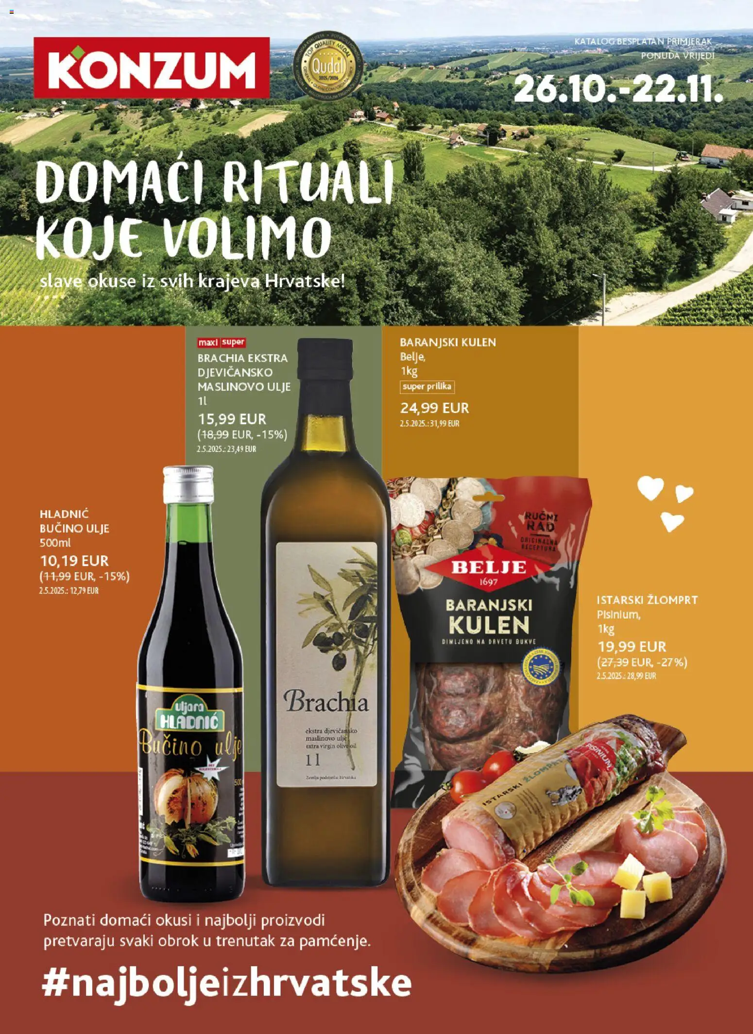 Konzum katalog | vrijedi od 26.10.2026 | Stranica: 1 | Proizvodi: Ekstra djevičansko maslinovo ulje, Ulje, Maslinovo ulje, Kulen