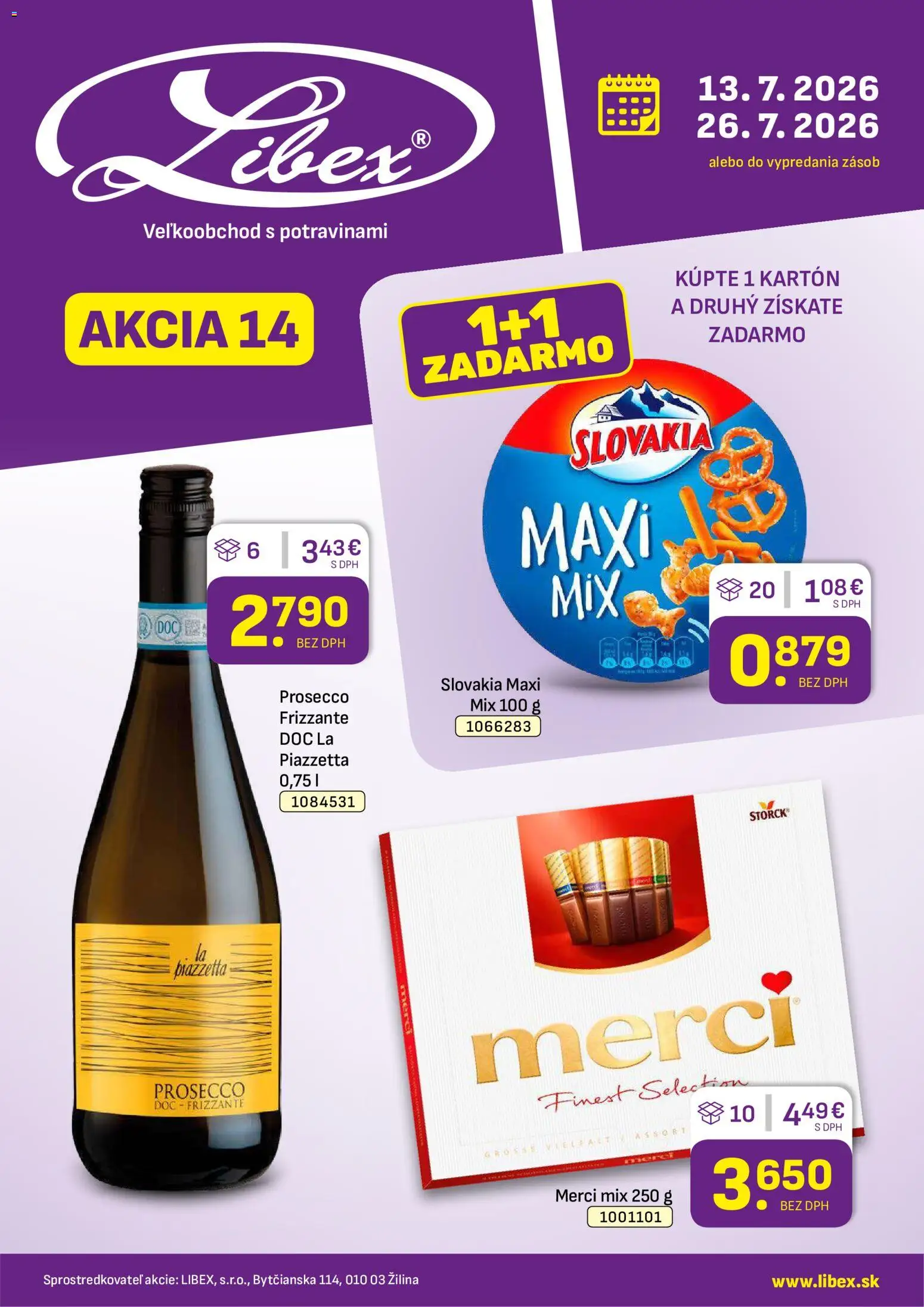 Nové Libex akcie – leták je platný od 13.07.2026 | Strana: 1 | Produkty: Prosecco, Merci