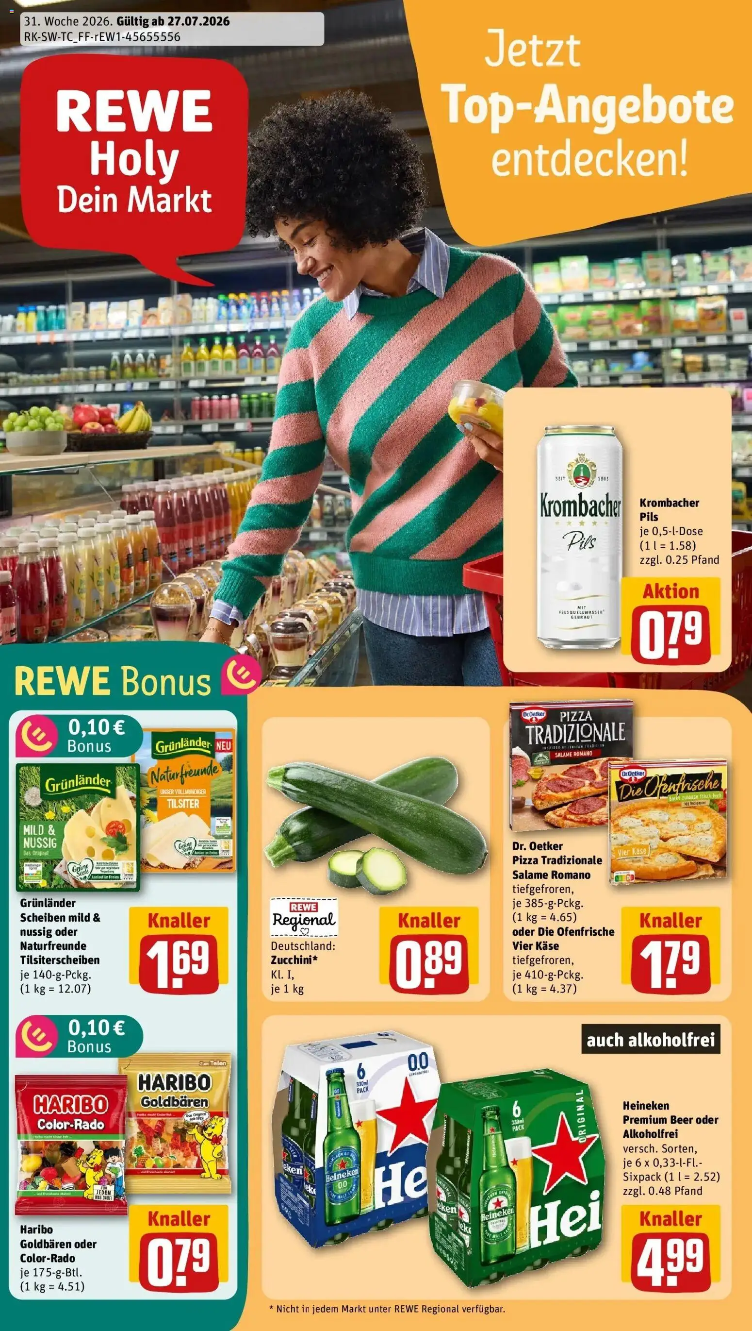 Rewe Prospekt Ulm – gültig ab 27.07.2026 | Seite: 1 | Produkte: Ofenfrische, Grunlander, Krombacher, Pizza