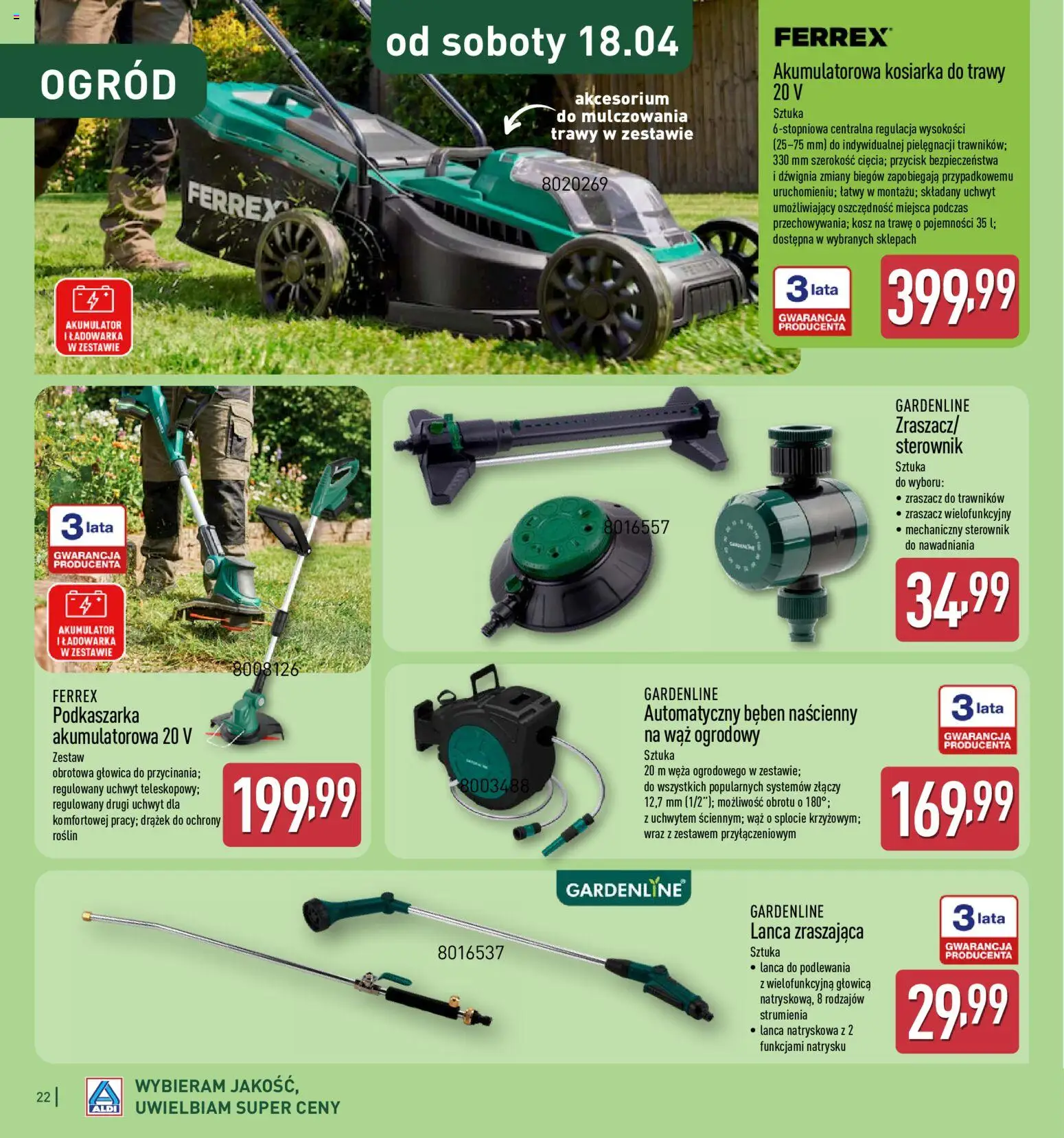 Aldi Gazetka - Katalog ogrodowy od 25.02.2026 | Strona: 22 | Produkty: Wąż ogrodowy, Trawy, Ładowarka, Kosiarka