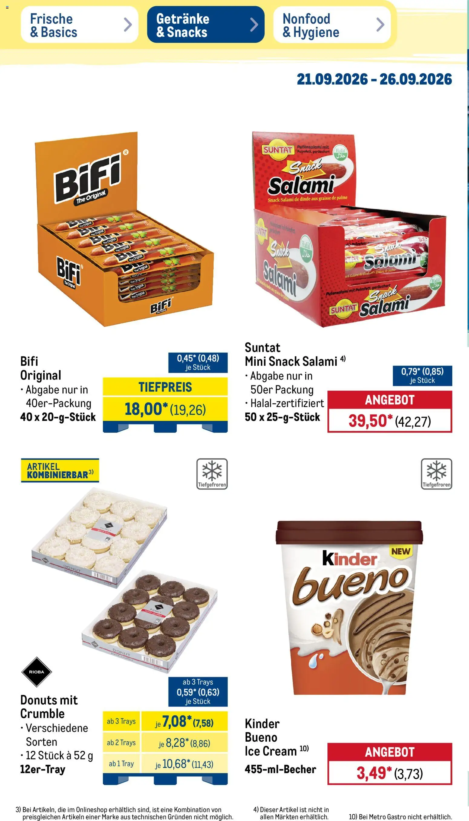 Metro Prospekt – gültig ab 21.09.2026 | Seite: 34 | Produkte: Bifi, Donuts, Salami