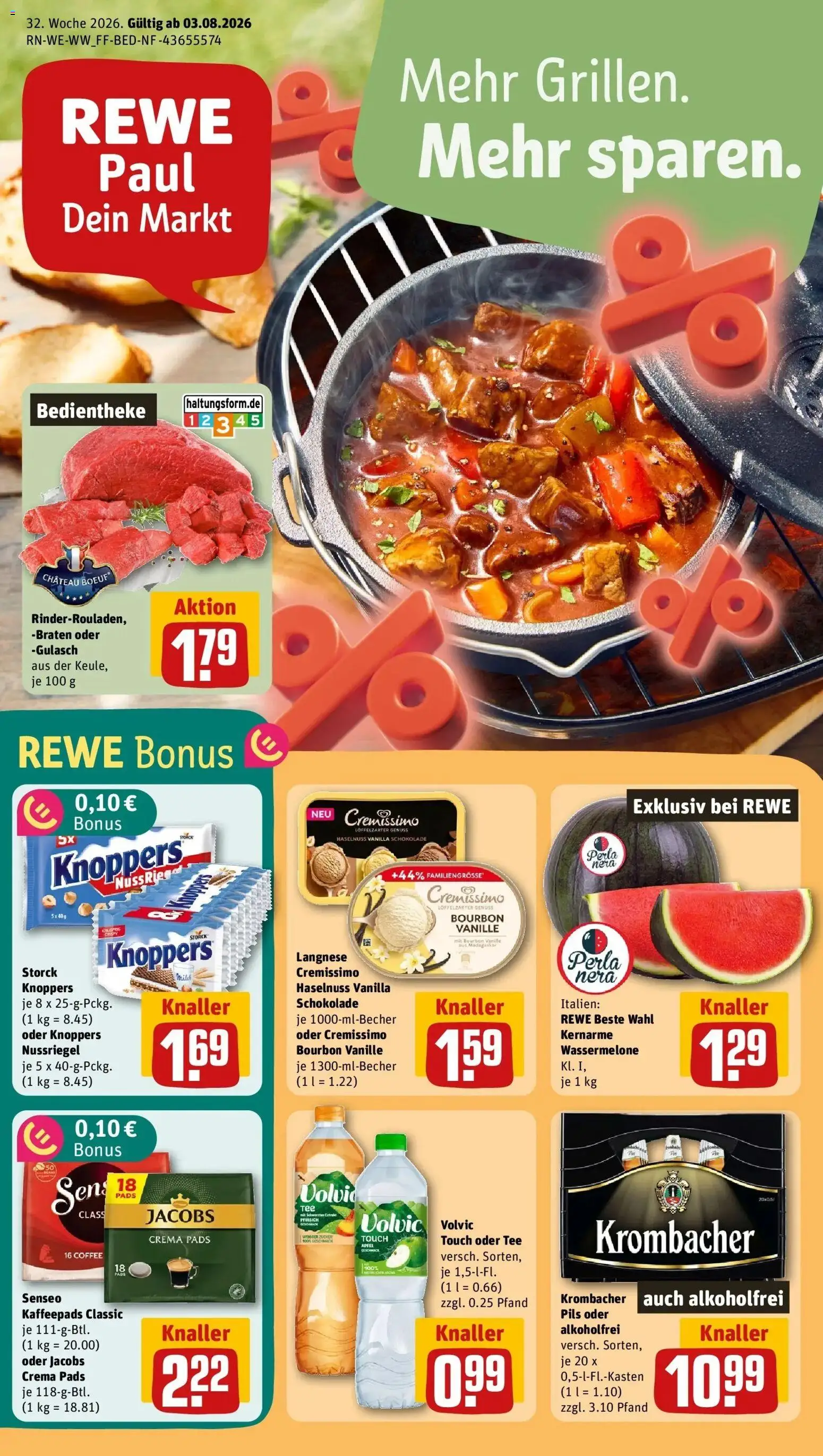 REWE Prospekt ab 03.08.2026 zum Blättern » Angebote | Seite: 1 | Produkte: Senseo, Pils, Vanille, Knoppers