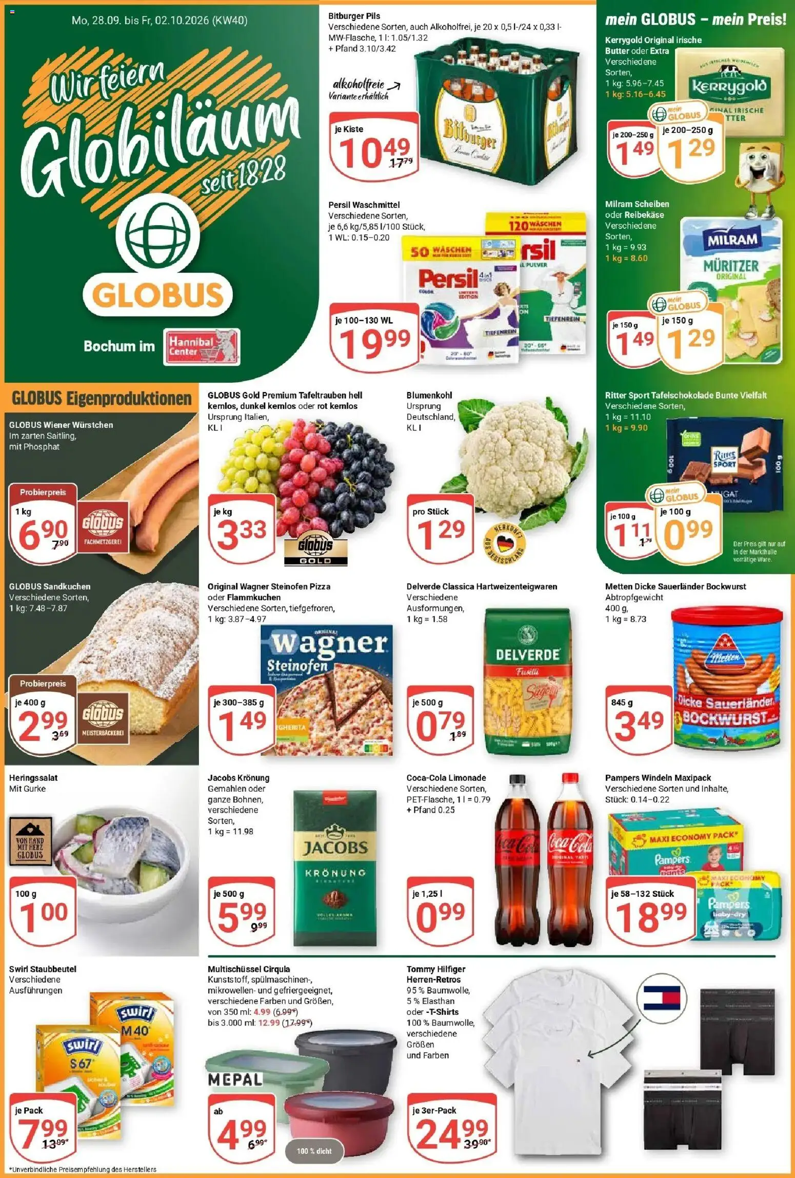 Globus Prospekt Bochum-Riemke (ab 28.09.2026) » Angebote online | Seite: 1 | Produkte: Dicke sauerlander bockwurst, Limonade, Milram, Pizza