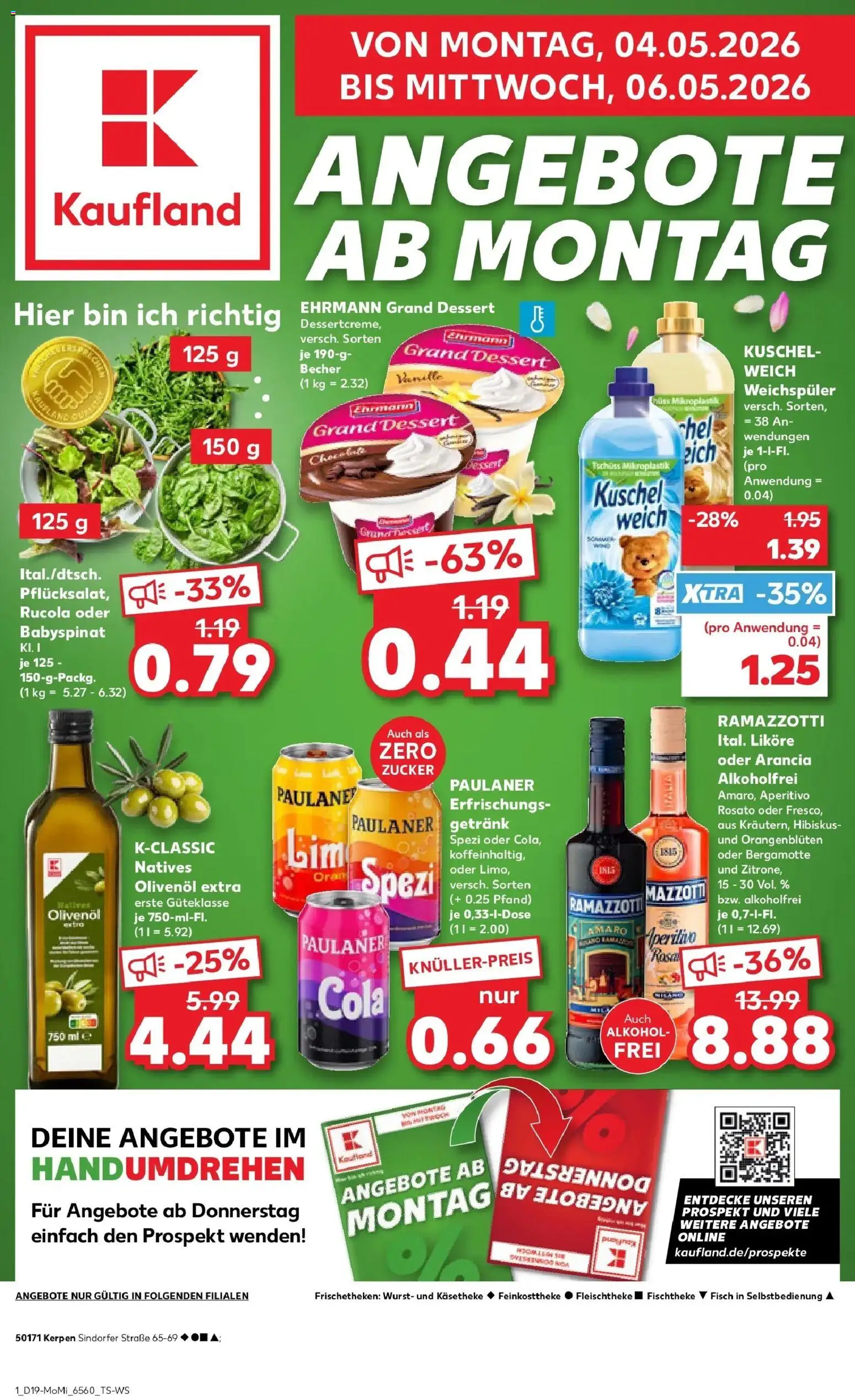 Kaufland Prospekt Kerpen	 – gültig ab 04.05.2026 | Seite: 1 | Produkte: Ehrmann grand dessert, Paulaner spezi, Zucker, Wurst