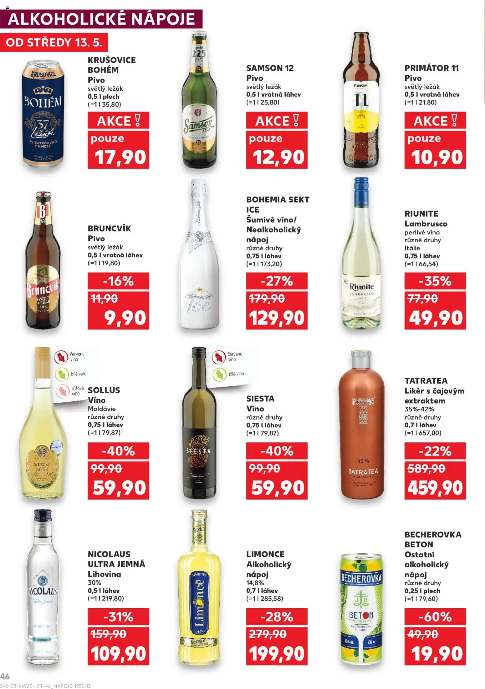 Kaufland leták od 13.05.2026 | Strana: 46 | Produkty: Pivo, Červené víno, Alkoholické nápoje, Láhev