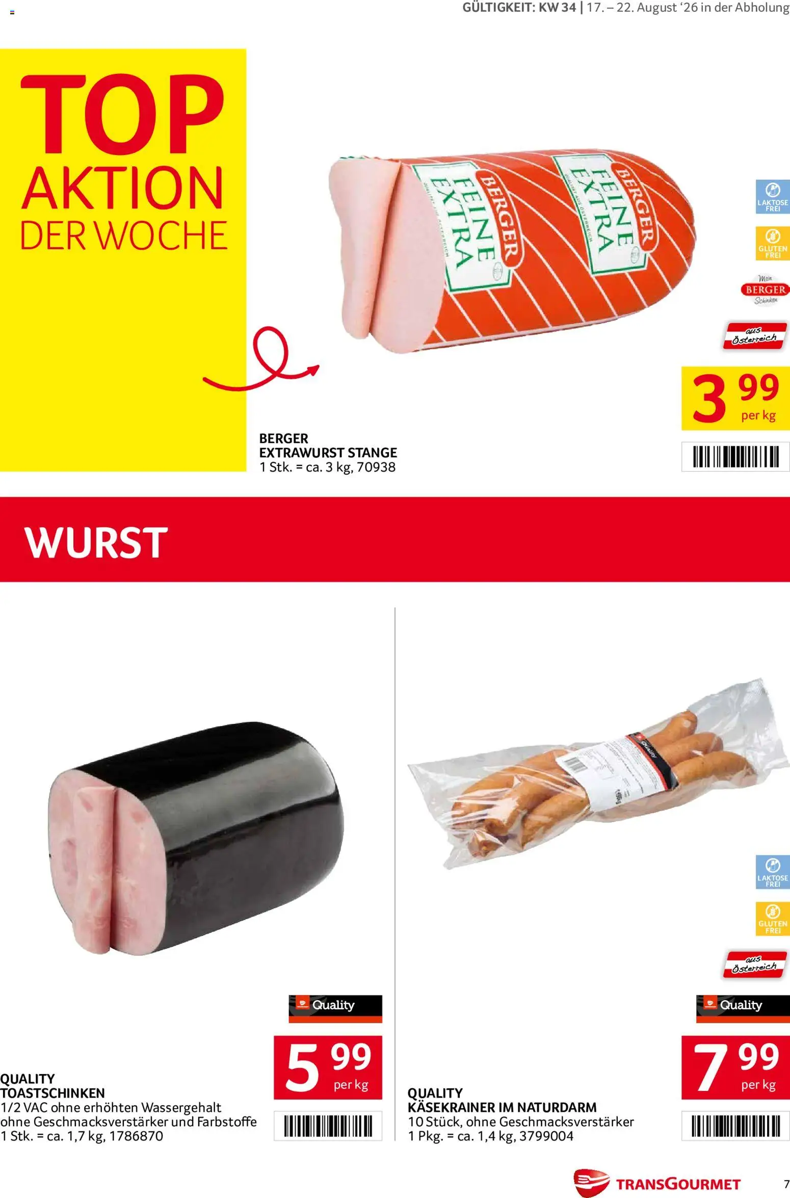Transgourmet Flugblatt gültig ab 17.08.2026 | Seite: 7 | Produkte: Wurst, Schinken