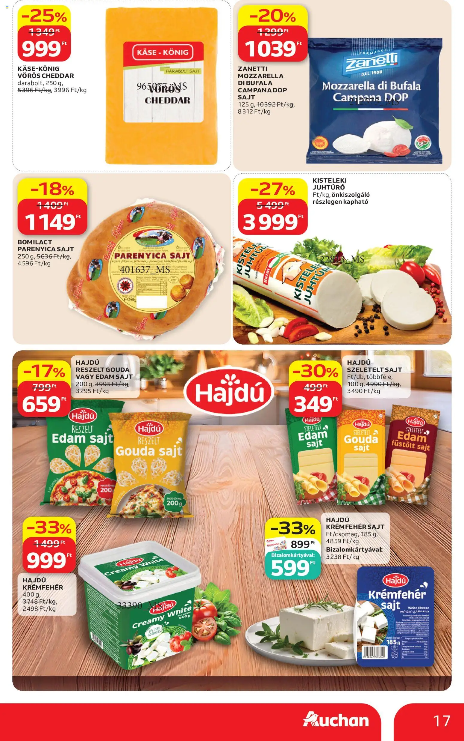 Auchan akciós ujság - amely érvényes a következő dátumtól: 21.05.2026 | Oldal: 17 | Termékek: Mozzarella, Füstölt sajt, Juhtúró, Cheddar