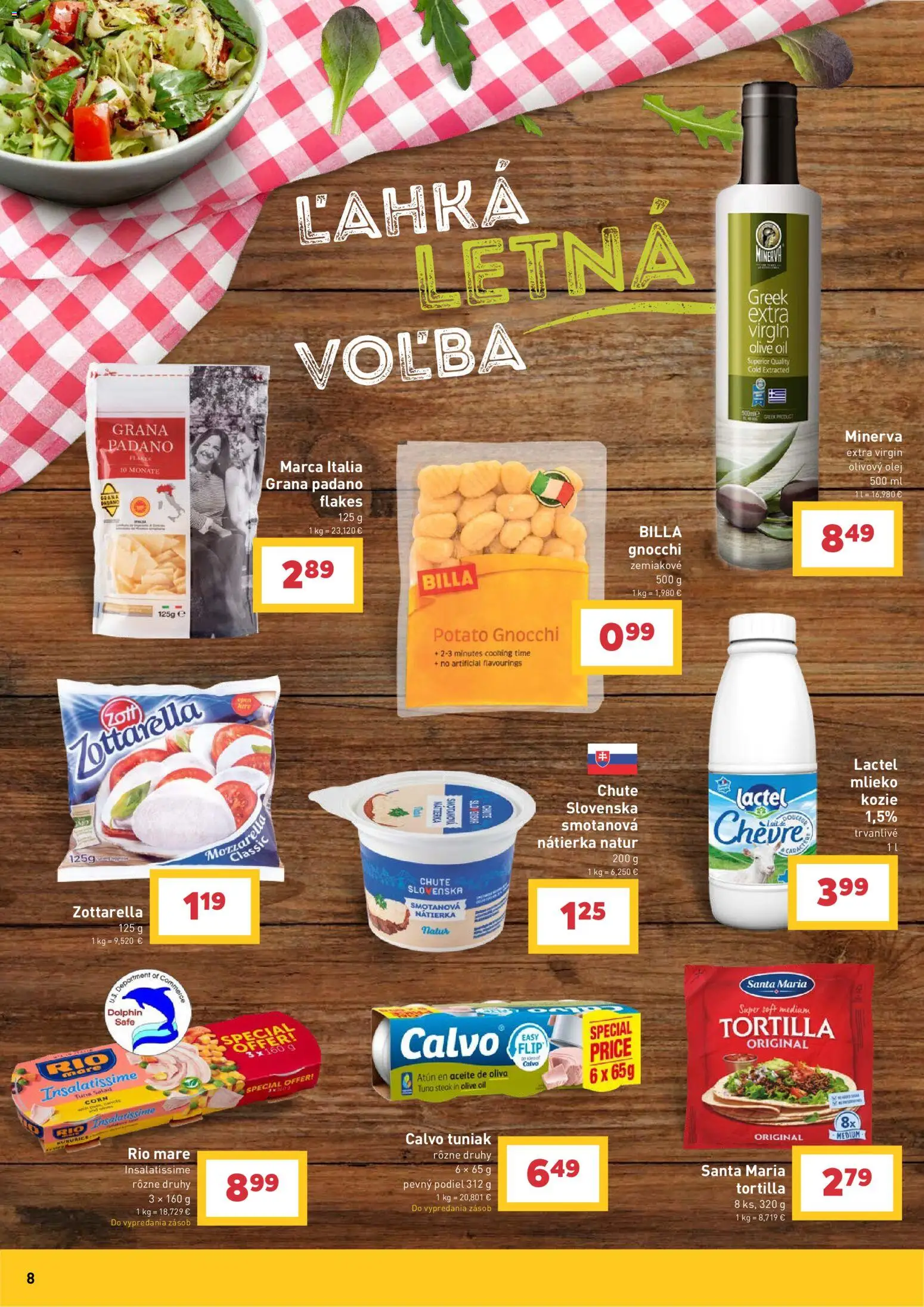 Nové Billa akcie – leták je platný od 08.07.2026 | Strana: 8 | Produkty: Mlieko, Tortilla, Rio Mare, Steak
