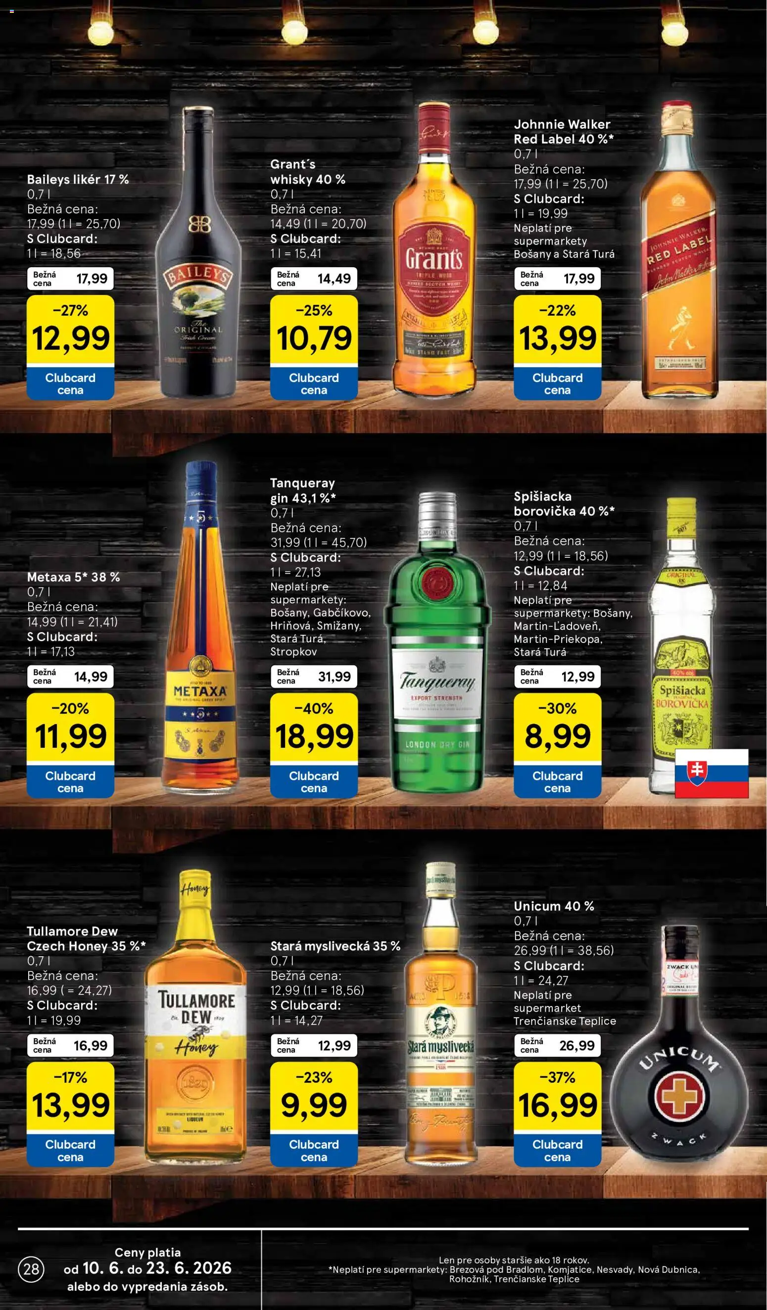 Nové Tesco akcie – leták je platný od 10.06.2026 | Strana: 28 | Produkty: Borovička, Gin, Brandy, Tullamore Dew