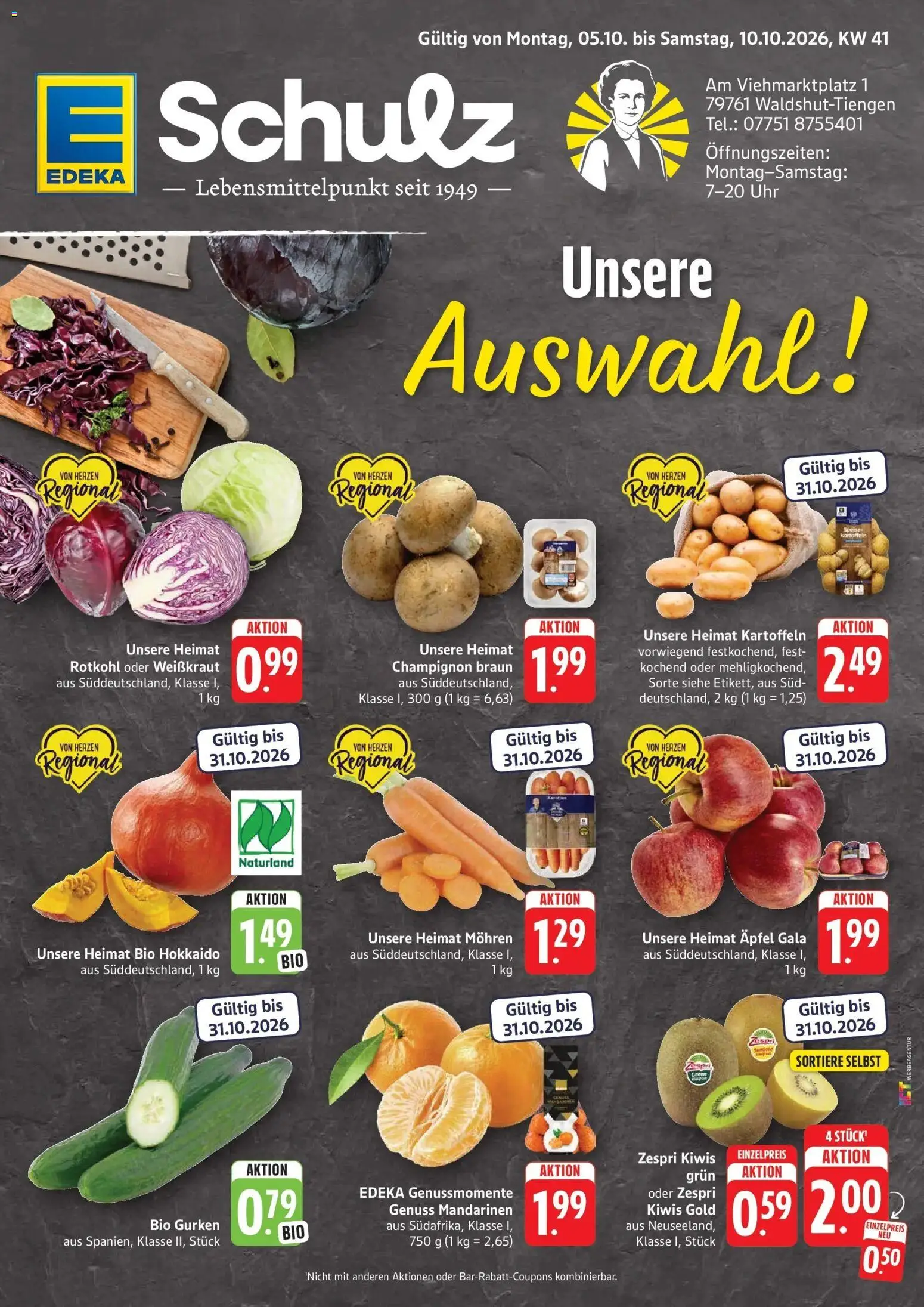Edeka Prospekt Waldshut-Tiengen (ab 05.10.2026) » Angebote Online | Seite: 1 | Produkte: Mandarinen, Mohren, Kartoffeln, Gurken
