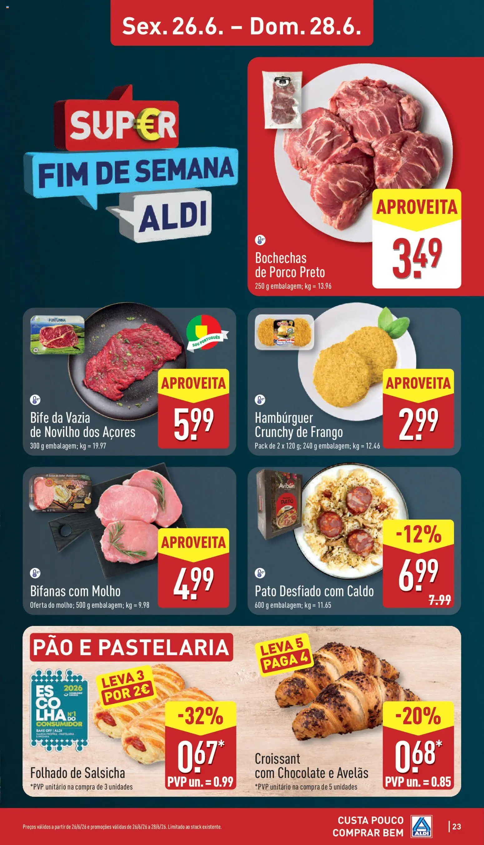 Aldi folheto │ válido de 22.06.2026 | Página: 23 | Produtos: Frango, Hambúrguer, Pão, Chocolate