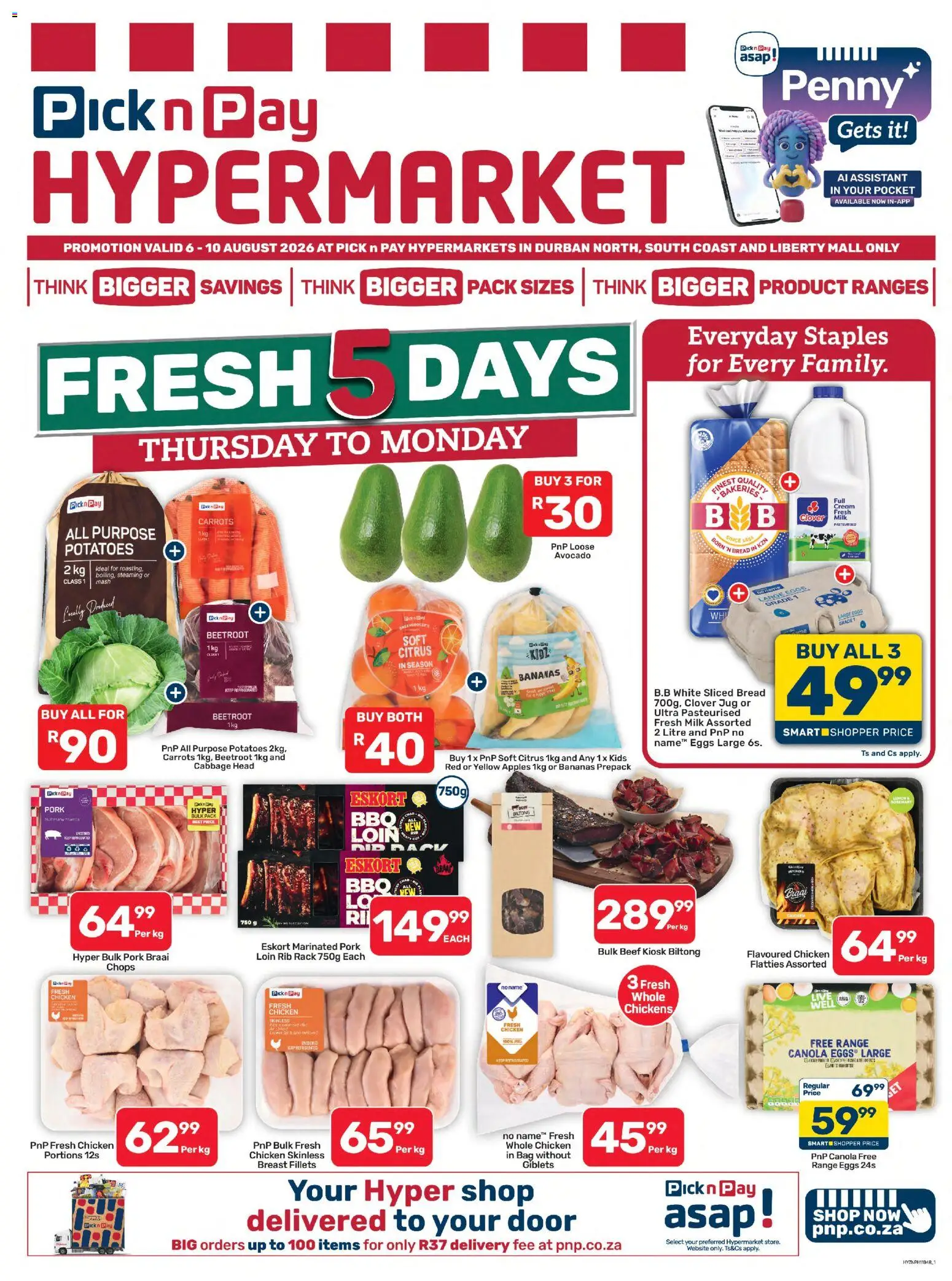 New Pick n Pay catalogue – valid from 06/08/2026 | Page: 1 | Products: Eggs, Chicken, Bananas, Beef